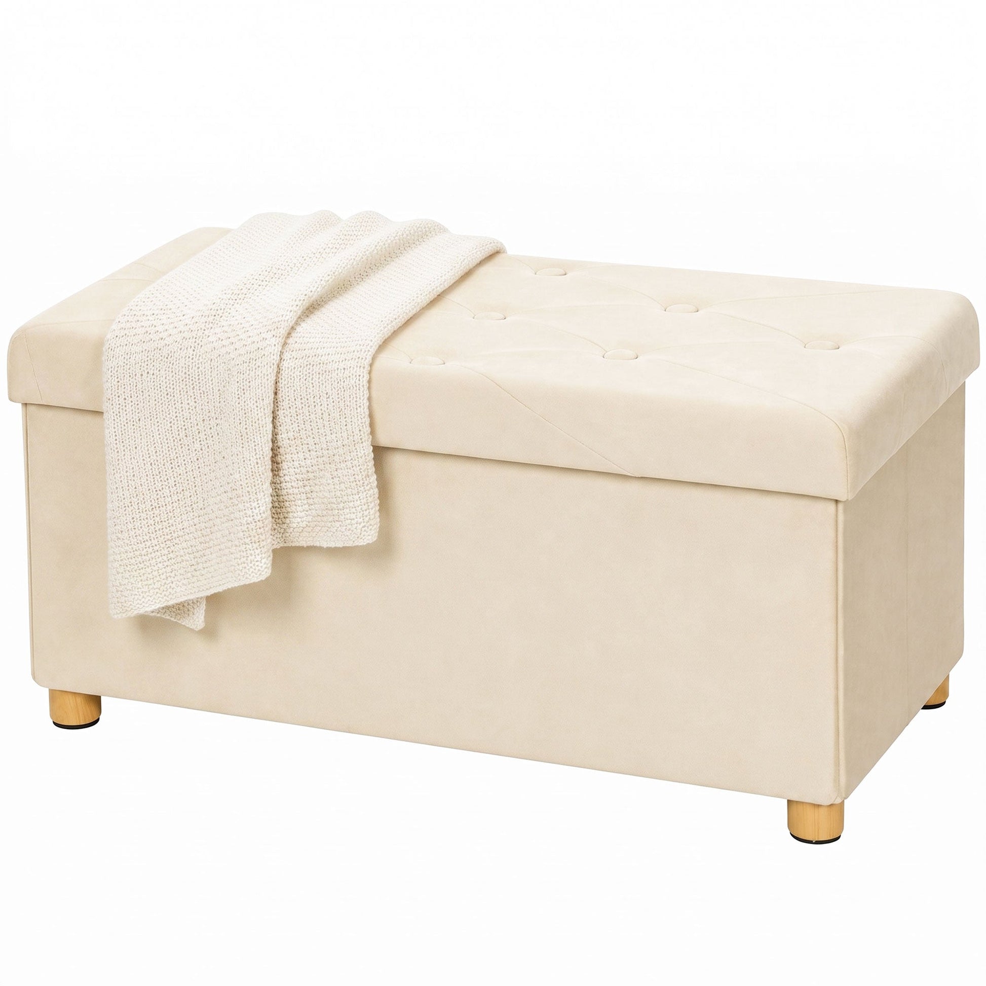 Storage Ottoman Bench, Velvet Upholstered Foldable Ottoman Footrest, Foot Stool with Wood Legs for Living Room, Bedroom, Entryway, Cream White