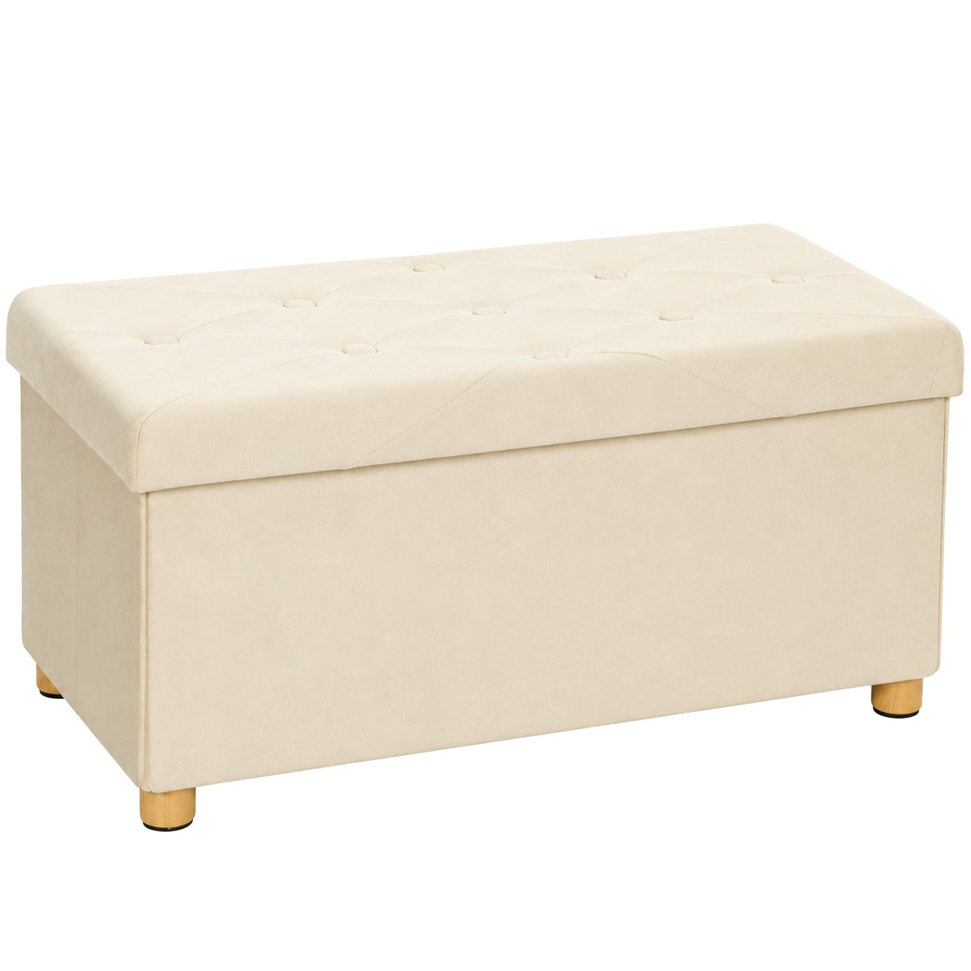 Storage Ottoman Bench, Velvet Upholstered Foldable Ottoman Footrest, Foot Stool with Wood Legs for Living Room, Bedroom, Entryway, Cream White