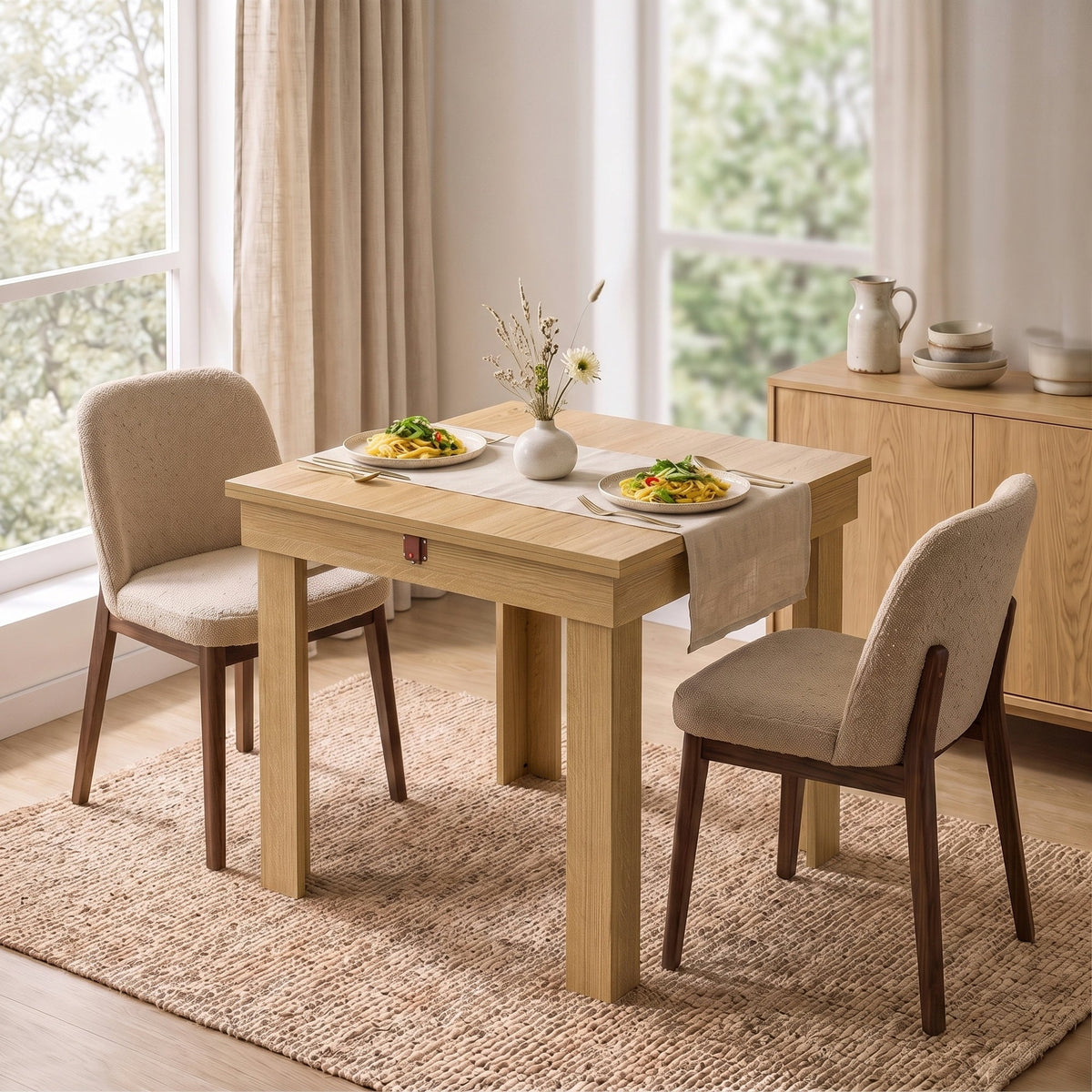 Folding Dining Table for 4 with Under-Table Storage, 70-140 cm Modern Extendable Kitchen Table with Steel Rail, Space-Saving for Kitchen, Dining Room, Oak Effect