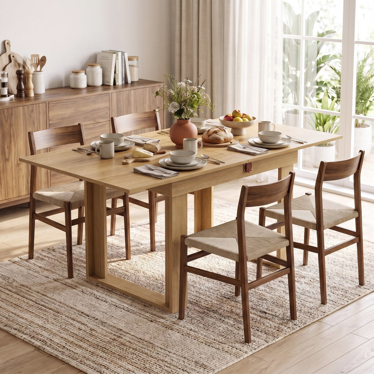 Folding Dining Table for 4 with Under-Table Storage, 70-140 cm Modern Extendable Kitchen Table with Steel Rail, Space-Saving for Kitchen, Dining Room, Oak Effect