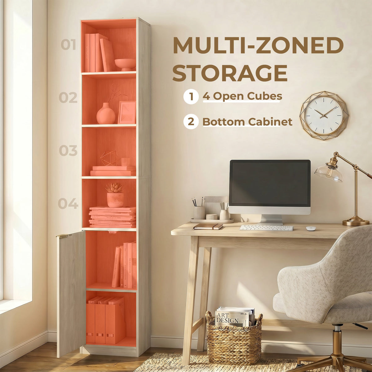 Bookcase, 6-Tier Tall Bookshelf, Open Book Shelf with Storage Cabinet and Adjustable Shelf, Anti-Tip Hardware for Living Room, Bedroom, Home Office, Oak Wood Effect