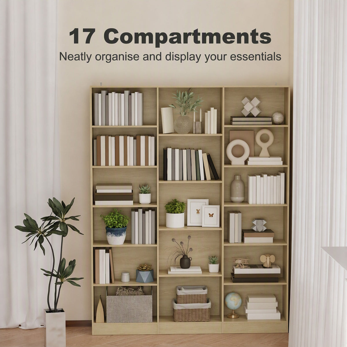 Bookcase with 17 Compartments, 6-Tier Tall Bookshelf with 17 Cubes, Adjustable Shelves, Freestanding Shelving Unit Display Shelf for Home Office, Living Room, 149 x 23.6 x 188 cm, Oak