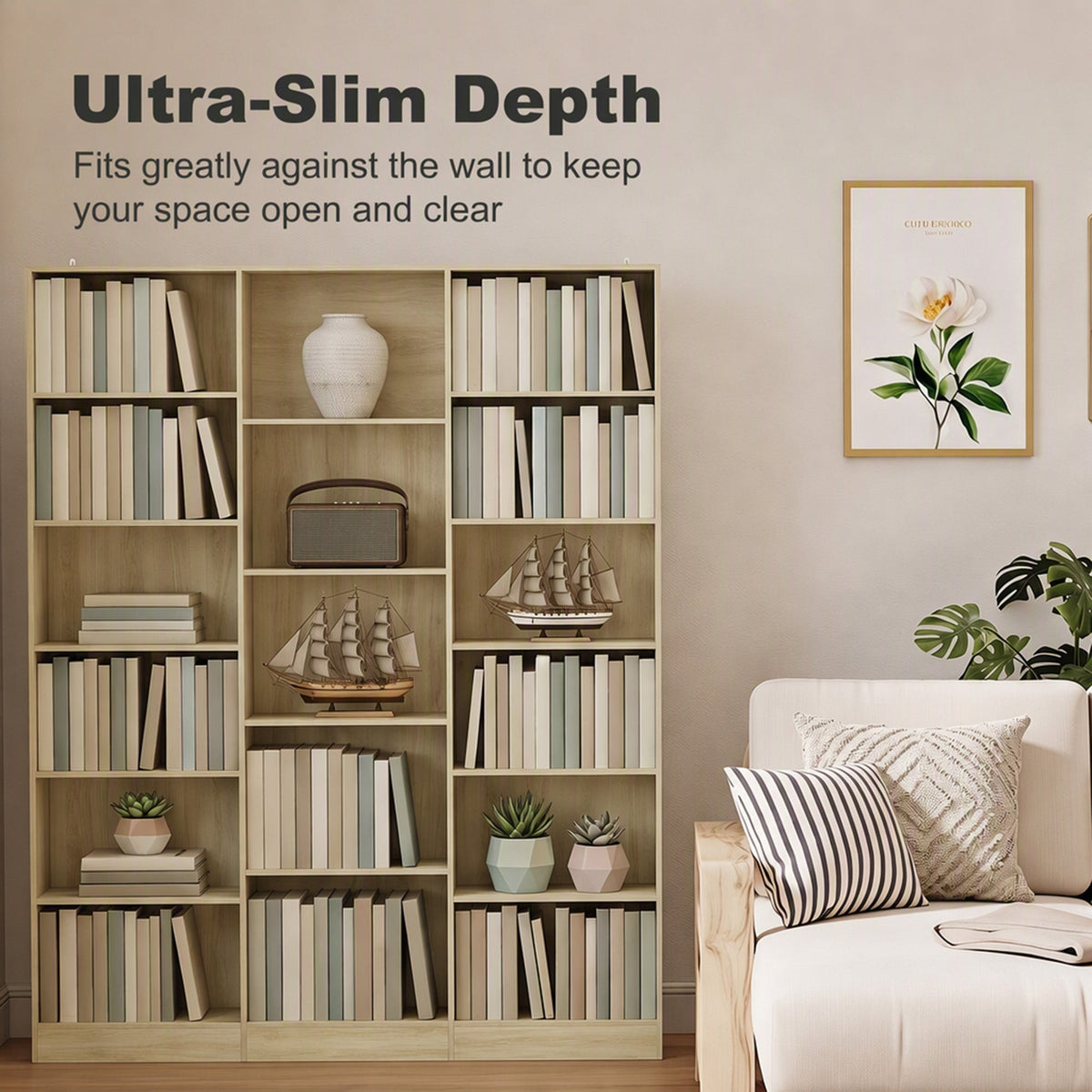 Bookcase with 17 Compartments, 6-Tier Tall Bookshelf with 17 Cubes, Adjustable Shelves, Freestanding Shelving Unit Display Shelf for Home Office, Living Room, 149 x 23.6 x 188 cm, Oak