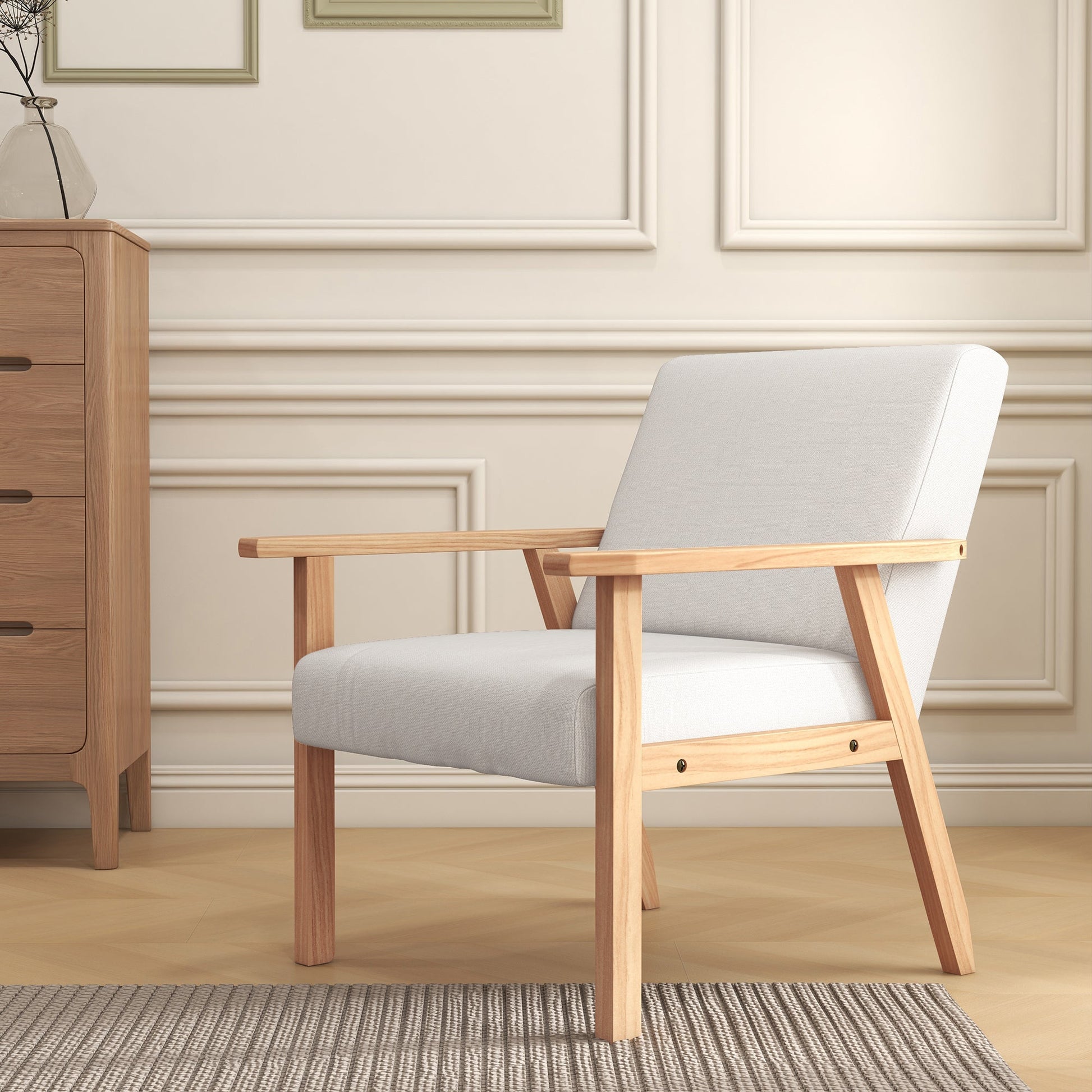 HOMCOM Accent Chair Wood Frame with Thick Linen Cushions Wide Seat Armchair Home Furniture Bedroom Office Cream White