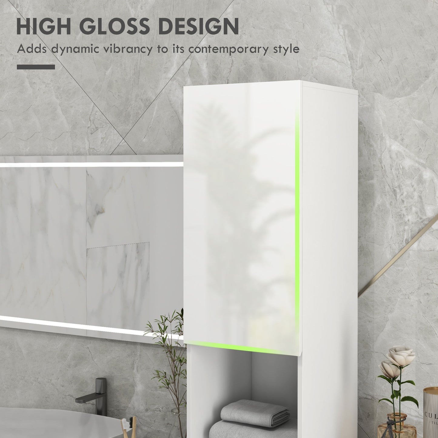 kleankin High Gloss Slim Bathroom Cabinet, Free Standing Bathroom Storage Cabinet with 2 Open Shelves, 2 Door Cupboards and Adjustable Shelves, White