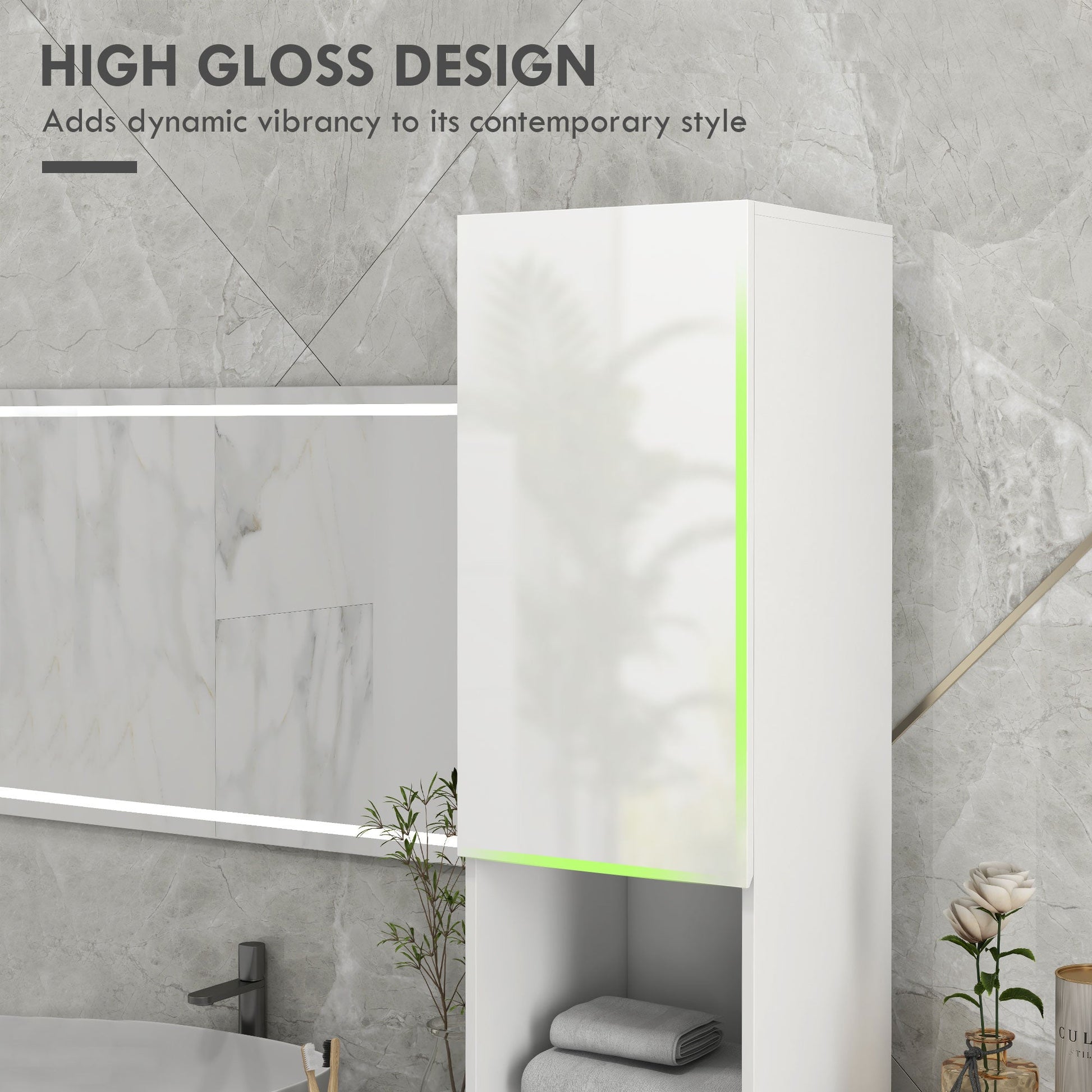 kleankin High Gloss Slim Bathroom Cabinet, Free Standing Bathroom Storage Cabinet with 2 Open Shelves, 2 Door Cupboards and Adjustable Shelves, White
