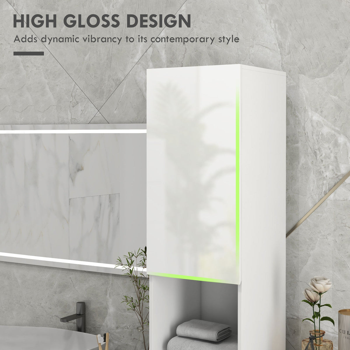 kleankin High Gloss Slim Bathroom Cabinet, Free Standing Bathroom Storage Cabinet with 2 Open Shelves, 2 Door Cupboards and Adjustable Shelves, White