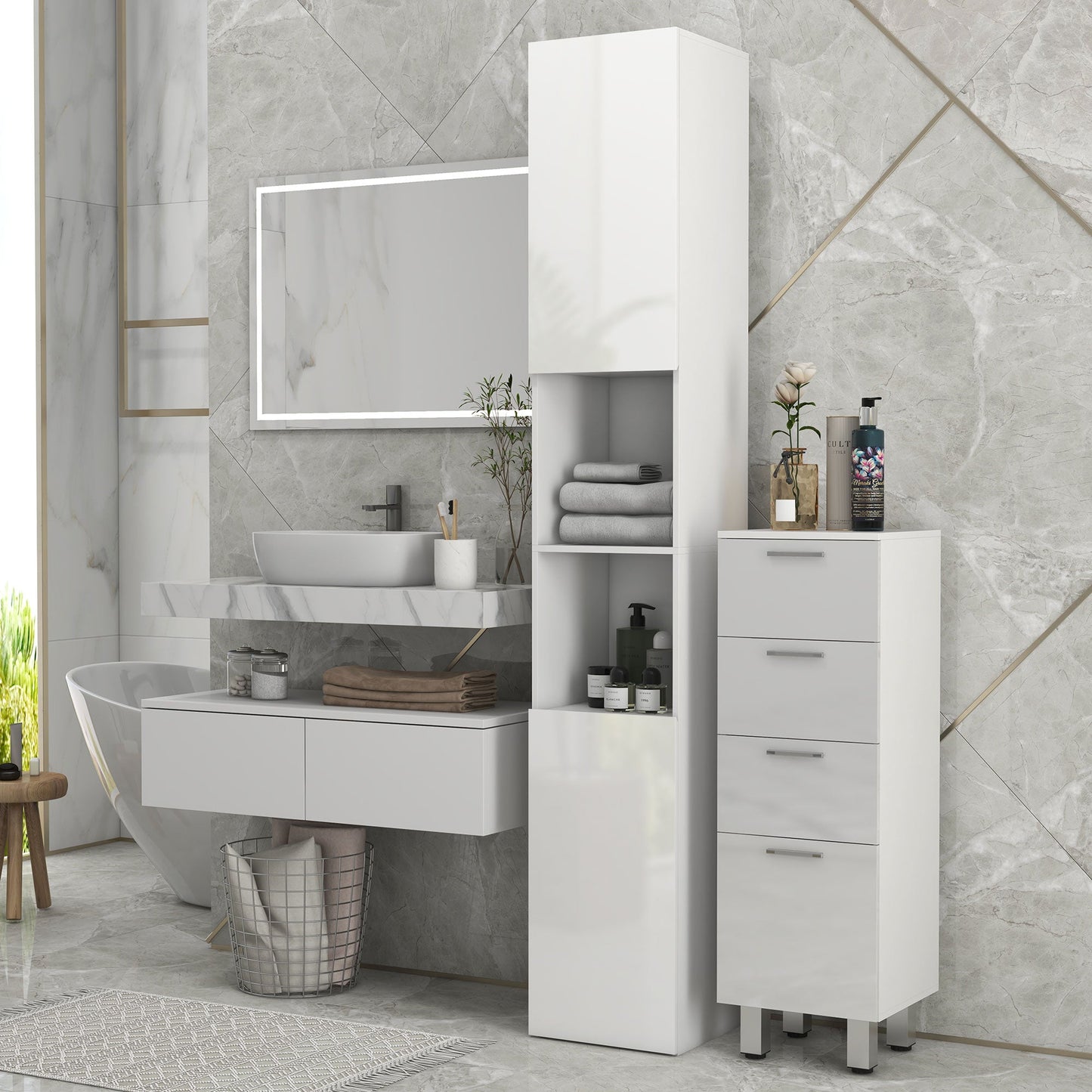 kleankin High Gloss Slim Bathroom Cabinet, Free Standing Bathroom Storage Cabinet with 2 Open Shelves, 2 Door Cupboards and Adjustable Shelves, White