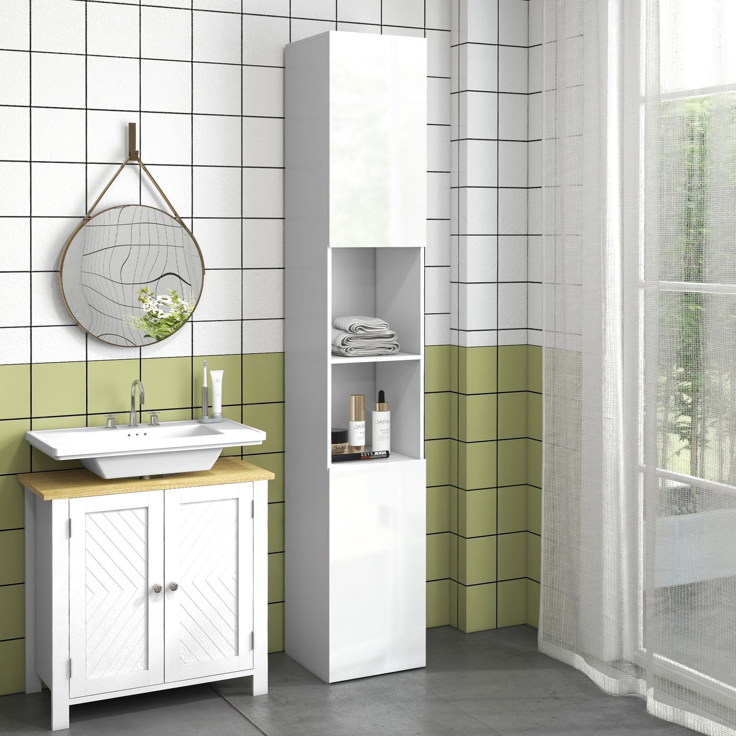 kleankin High Gloss Slim Bathroom Cabinet, Free Standing Bathroom Storage Cabinet with 2 Open Shelves, 2 Door Cupboards and Adjustable Shelves, White