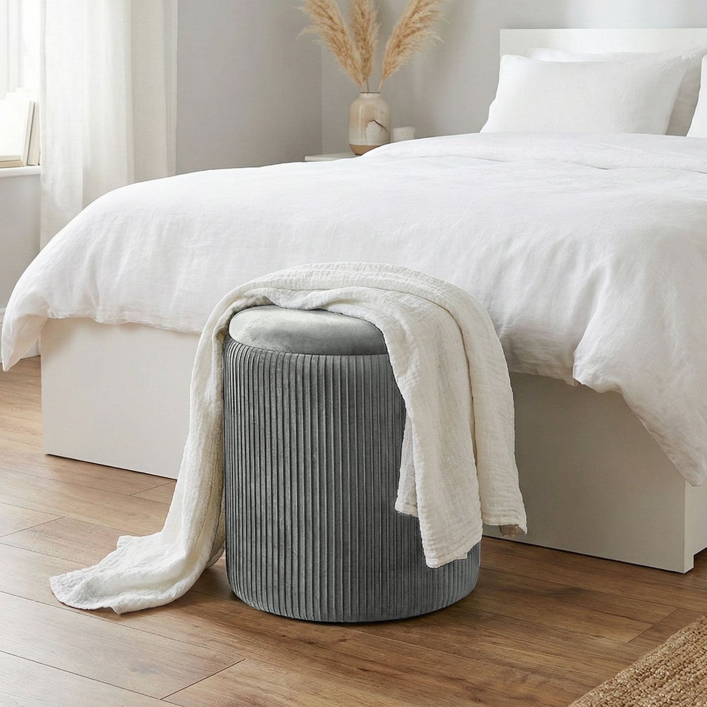 Round Storage Ottoman, Velvet-feel Fabric Upholstered Foot Stool with Removable Top, Padded Seat and Hidden Space for Living Room, Bedroom, Grey