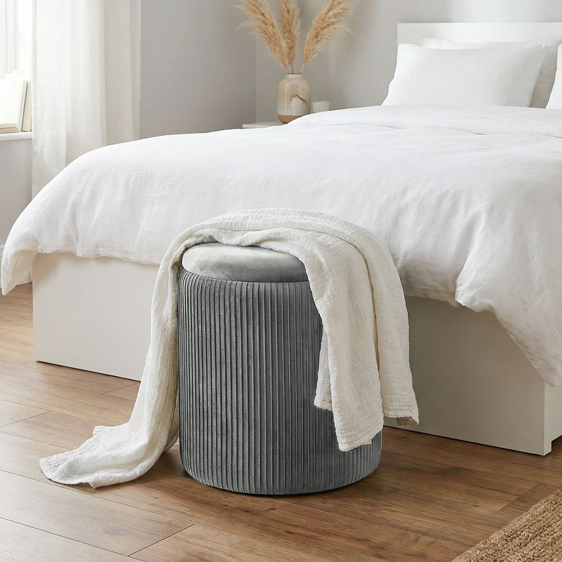 Round Storage Ottoman, Velvet-feel Fabric Upholstered Foot Stool with Removable Top, Padded Seat and Hidden Space for Living Room, Bedroom, Grey