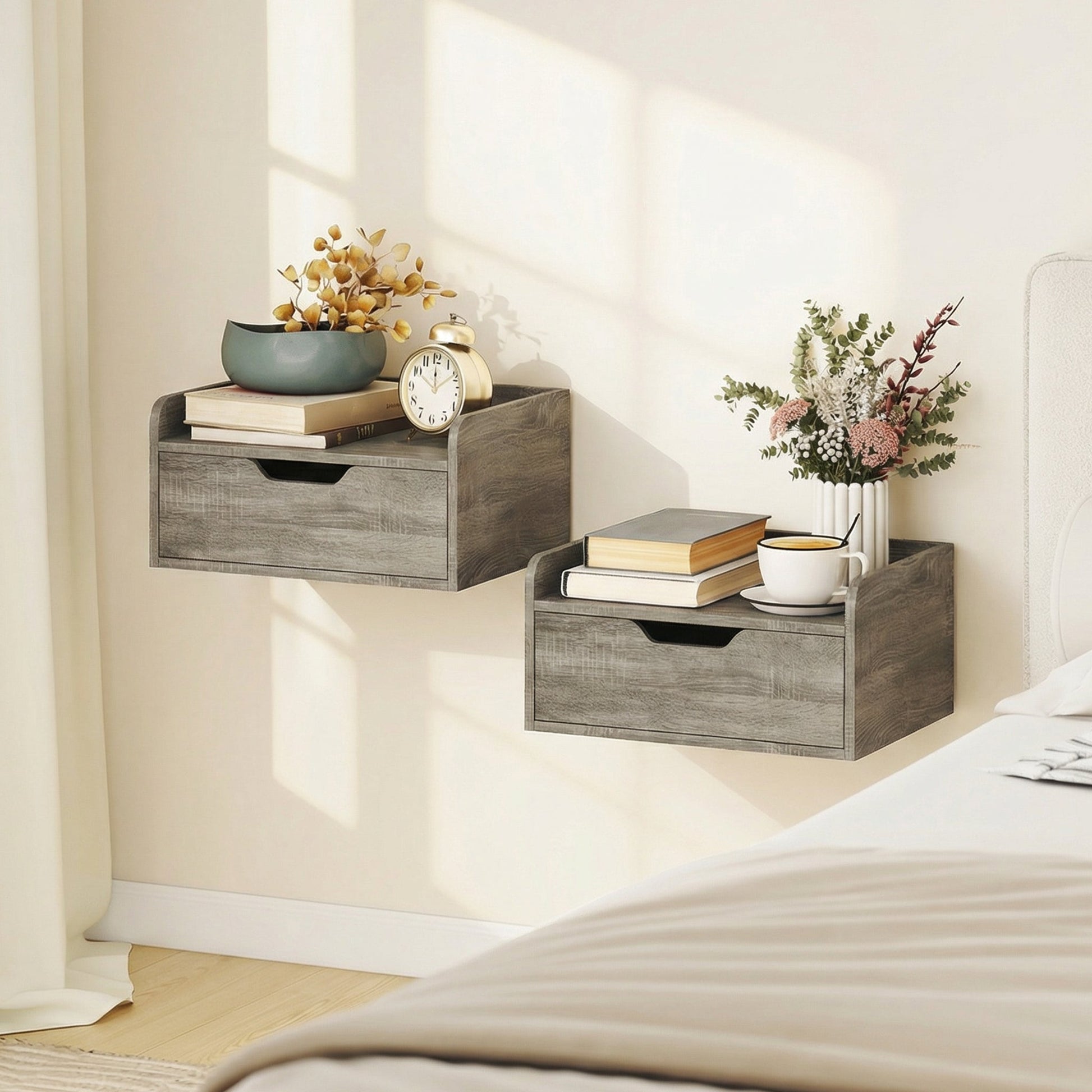 Floating Nightstands Set of 2, Wall Mounted Bedside Table with Storage Drawer for Bedroom, Grey Wood Effect