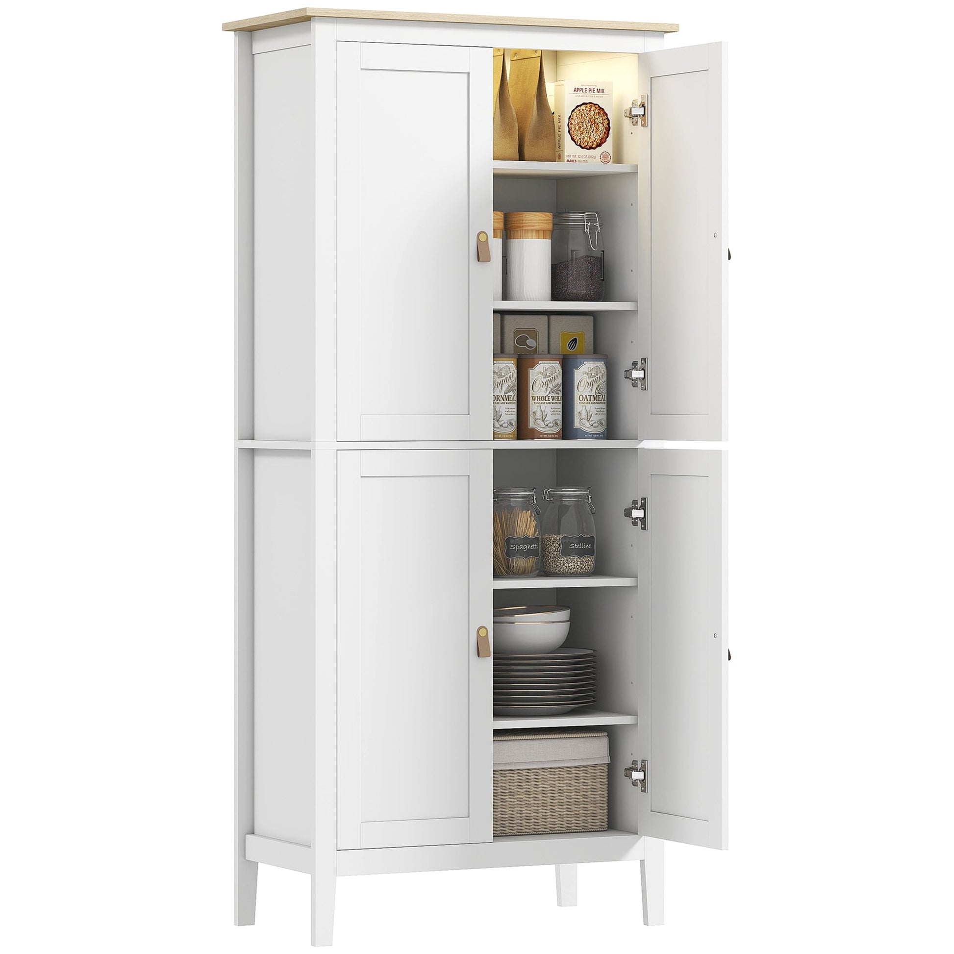 Tall Kitchen Cupboard with Motion Sensor LED Light, 3-Colour Dimmable Lighting, 177 cm Freestanding Storage Cabinet with Doors and Adjustable Shelves, White