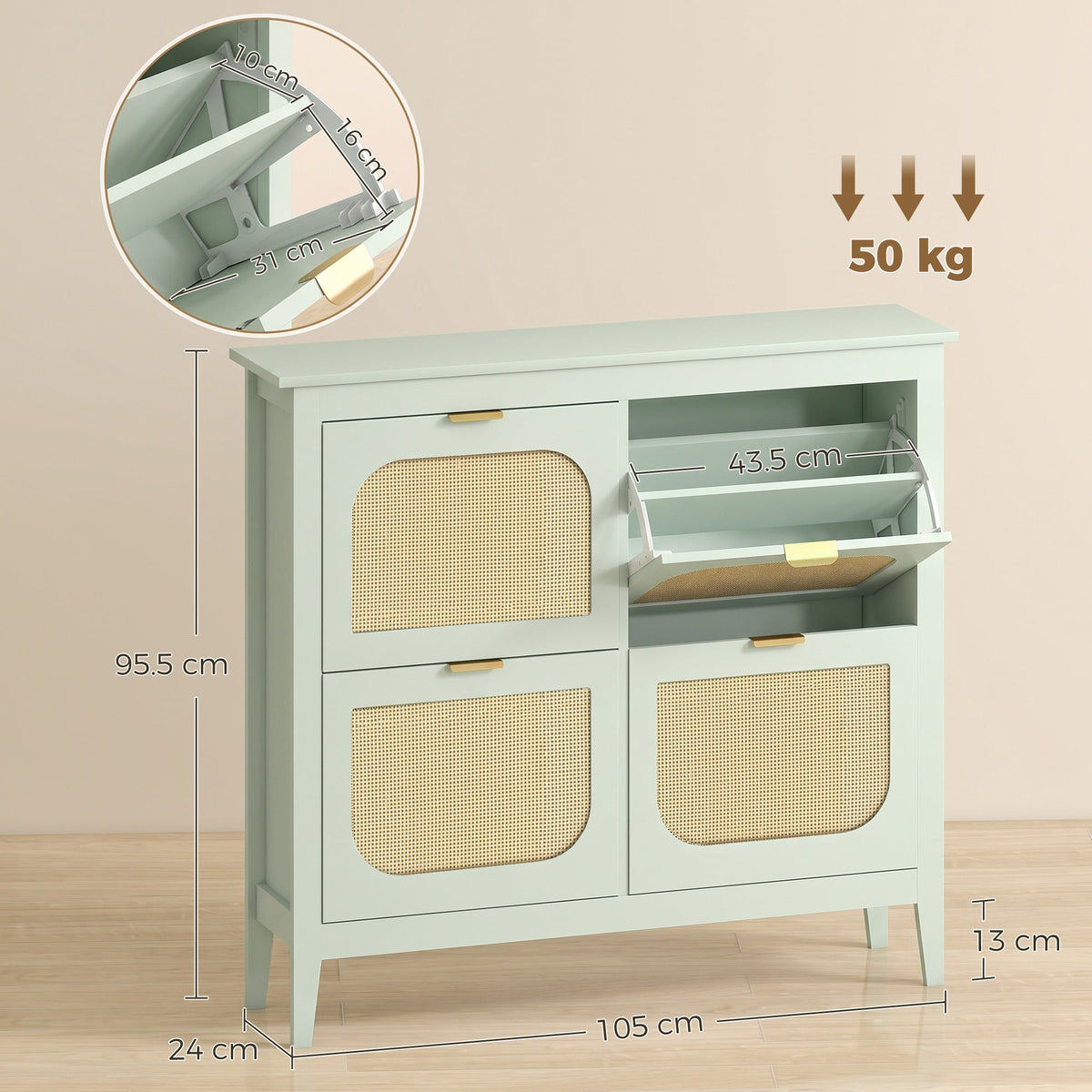 Shoe Storage Cabinet with 4 Flip Drawers, Boho Slim Shoe Cabinet with Rattan Doors for Entryway, Hallway, Holds 20 Pairs, Light Green