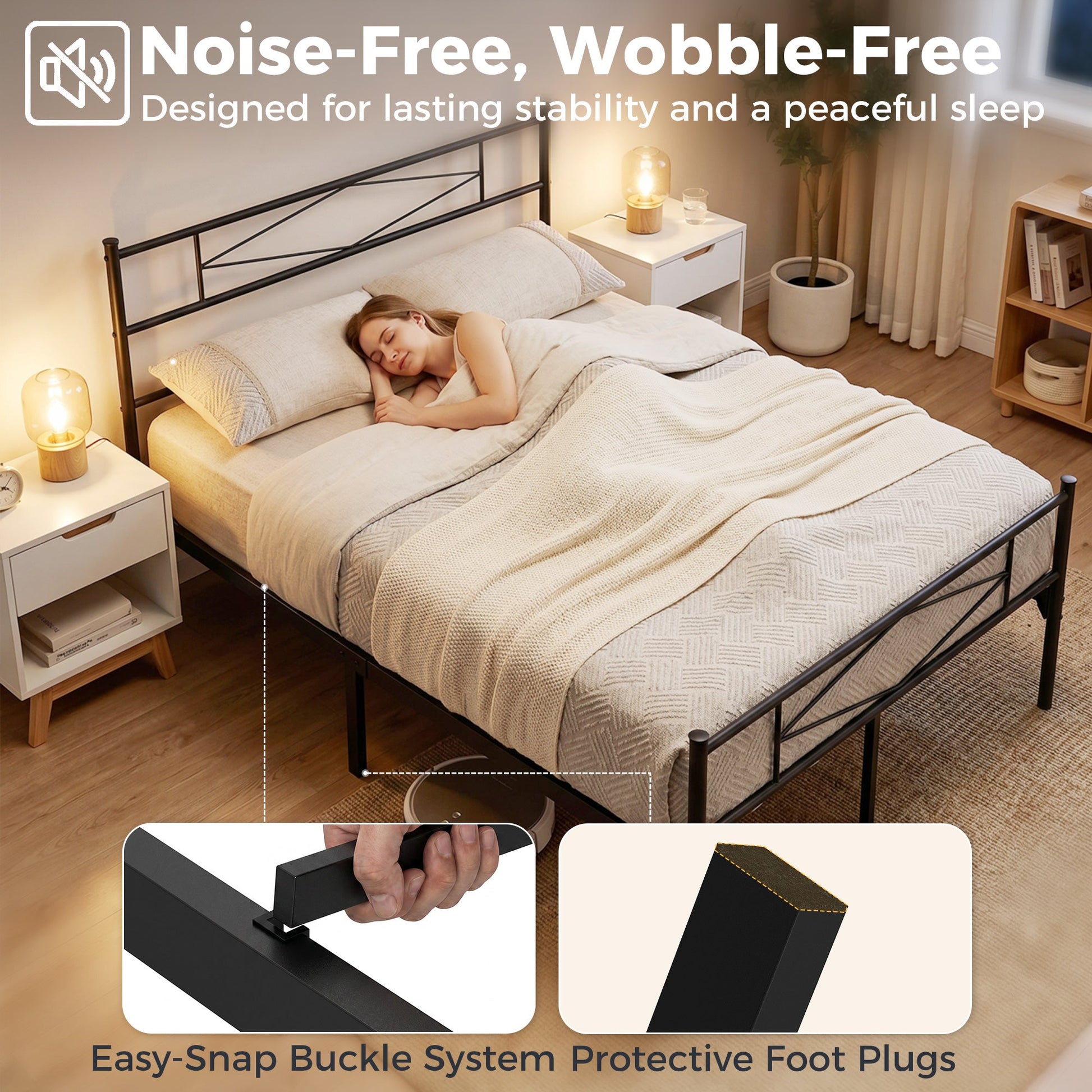 4ft6 Double Bed Frame with Headboard and Footboard, Metal Platform Bed Frame with 32 cm Underbed Storage, Steel Slat Support, Noise-Free, No Box Spring Needed, Easy Assembly, Black