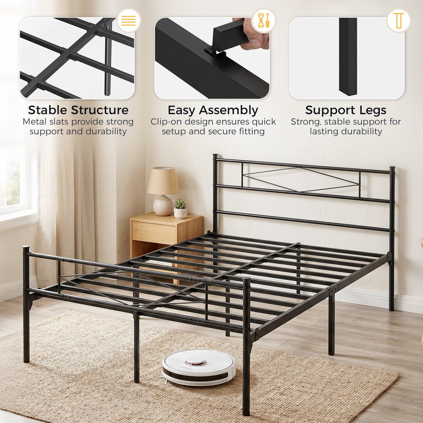 4ft6 Double Bed Frame with Headboard and Footboard, Metal Platform Bed Frame with 32 cm Underbed Storage, Steel Slat Support, Noise-Free, No Box Spring Needed, Easy Assembly, Black