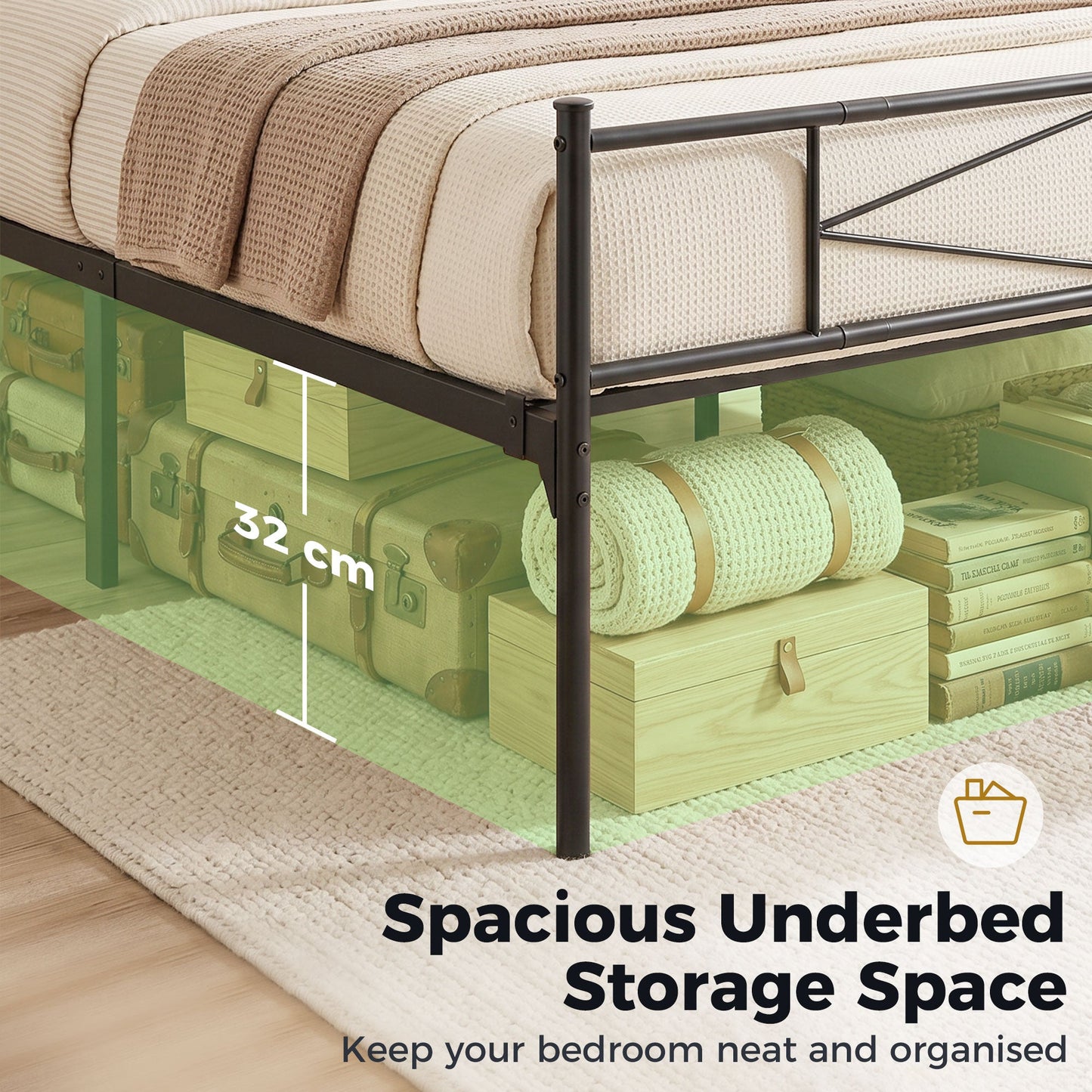 4ft6 Double Bed Frame with Headboard and Footboard, Metal Platform Bed Frame with 32 cm Underbed Storage, Steel Slat Support, Noise-Free, No Box Spring Needed, Easy Assembly, Black