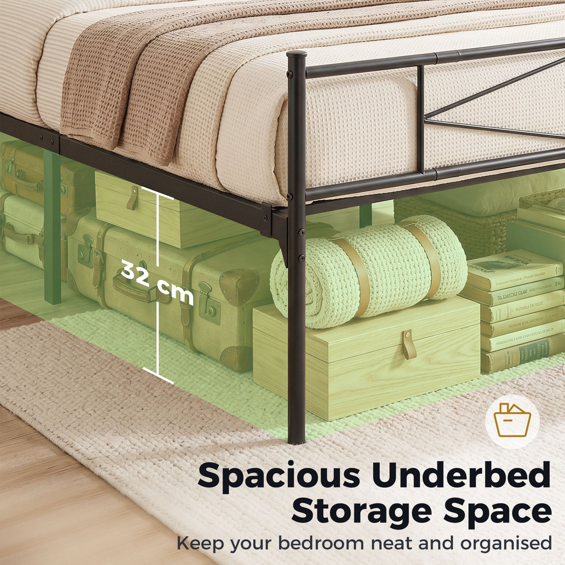 4ft6 Double Bed Frame with Headboard and Footboard, Metal Platform Bed Frame with 32 cm Underbed Storage, Steel Slat Support, Noise-Free, No Box Spring Needed, Easy Assembly, Black