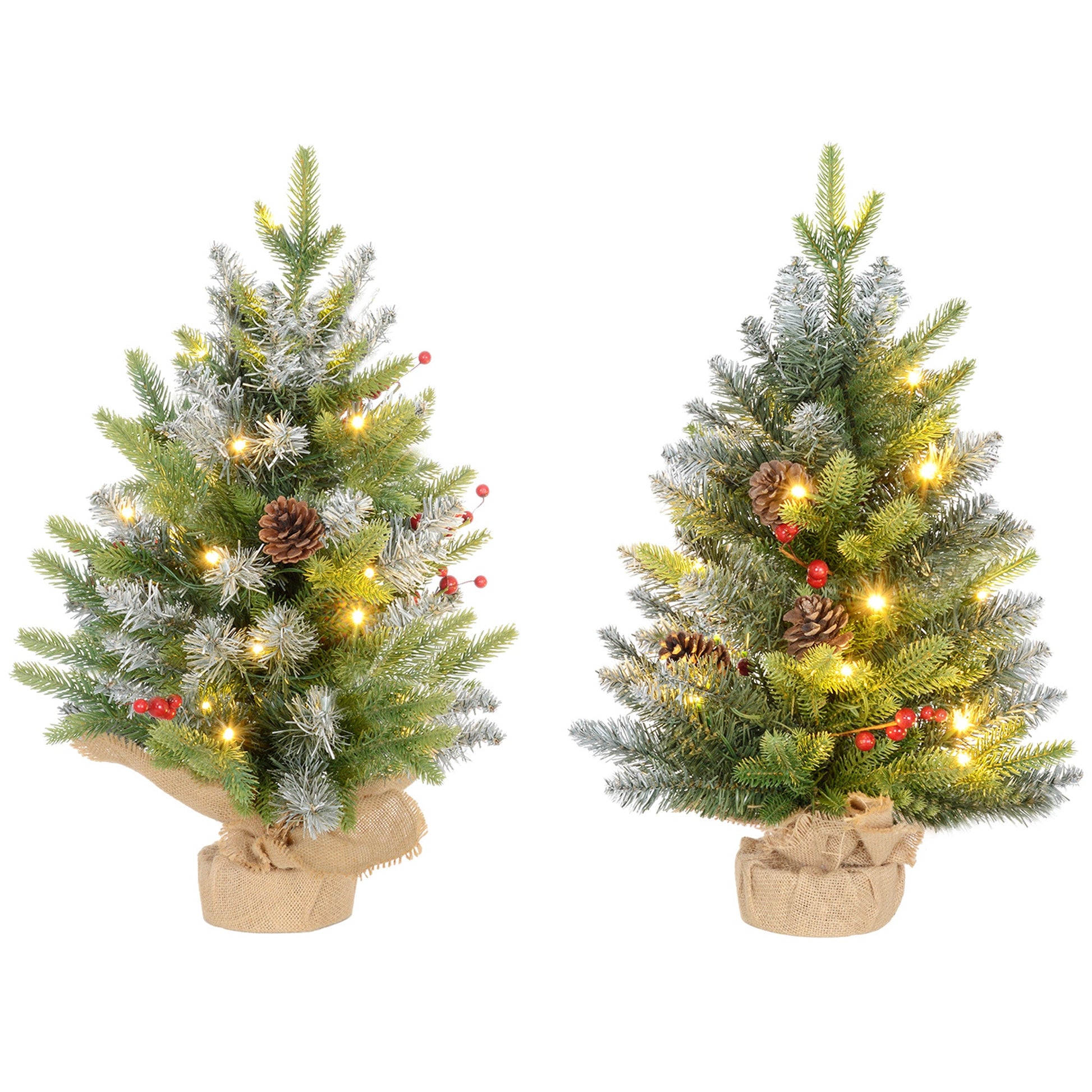 HOMCOM 2 Pieces 2ft Prelit Artificial Christmas Tree with LED Light and 141 Tips, Concrete Base, Tabletop Xmas Tree with Pine Cones and Red Berries, Green