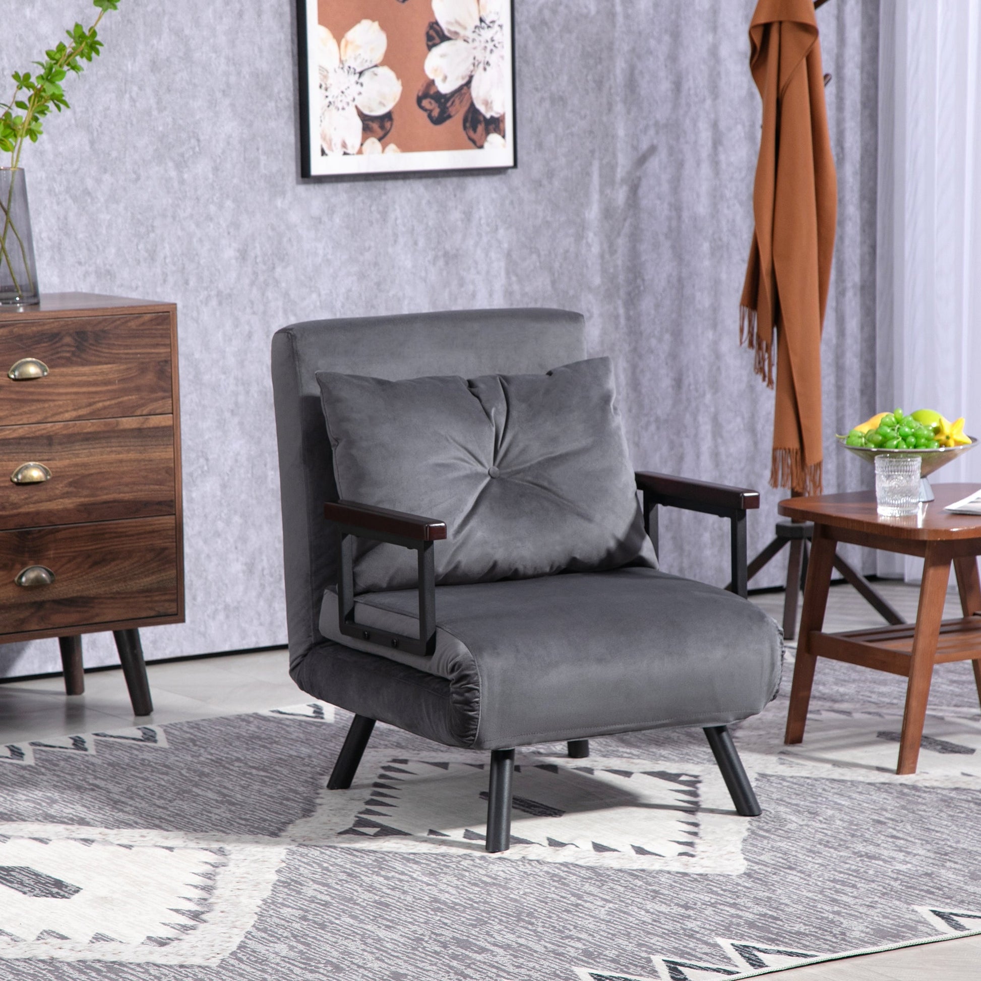 HOMCOM Single Chair Bed, Click Clack Convertible Bed Settee, Modern Velvet Feel Fabric Chair Couch with 1 Tufted Cushion, Wood Armrests, for Living Room, Bedroom, Guest Room, Charcoal Grey