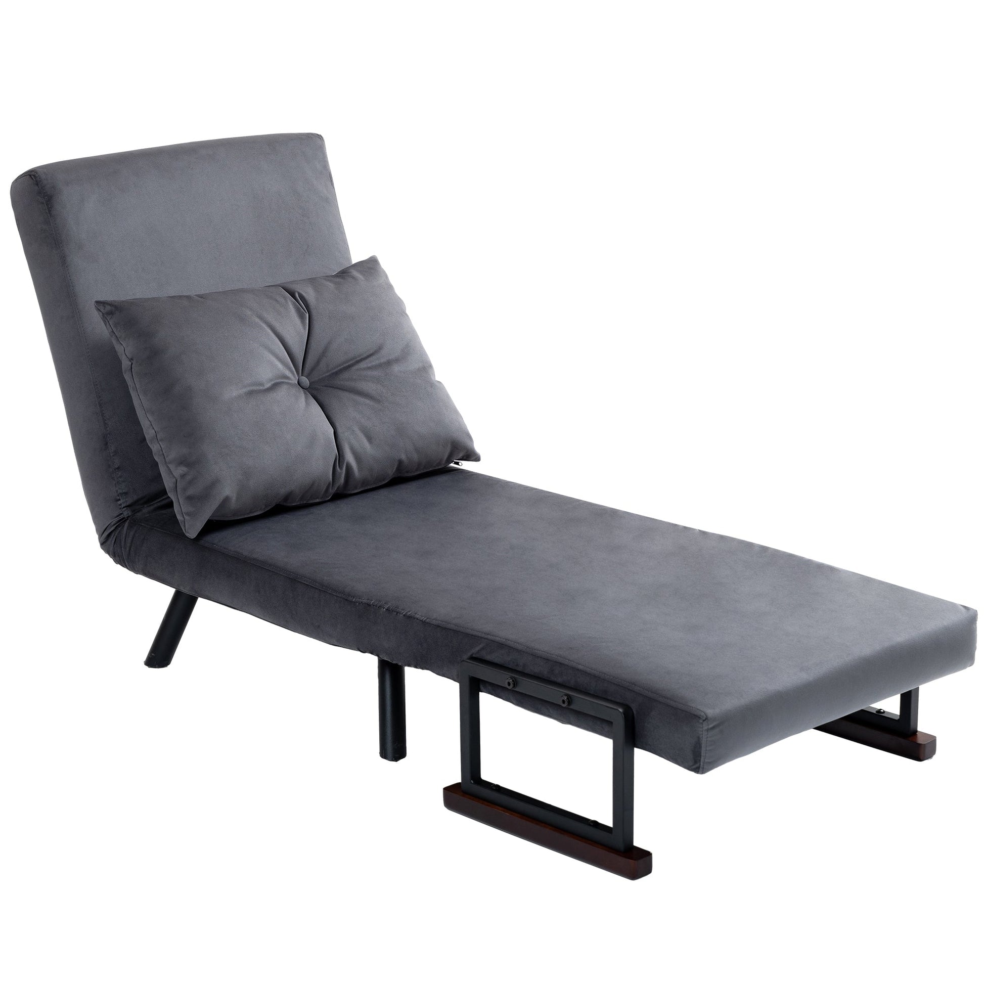 HOMCOM Single Chair Bed, Click Clack Convertible Bed Settee, Modern Velvet Feel Fabric Chair Couch with 1 Tufted Cushion, Wood Armrests, for Living Room, Bedroom, Guest Room, Charcoal Grey