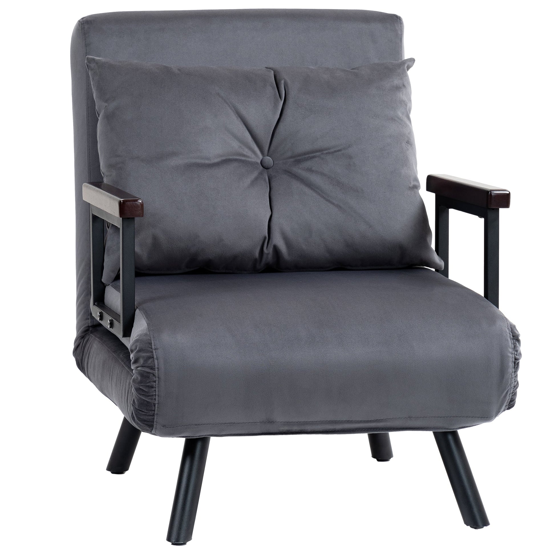 HOMCOM Single Chair Bed, Click Clack Convertible Bed Settee, Modern Velvet Feel Fabric Chair Couch with 1 Tufted Cushion, Wood Armrests, for Living Room, Bedroom, Guest Room, Charcoal Grey