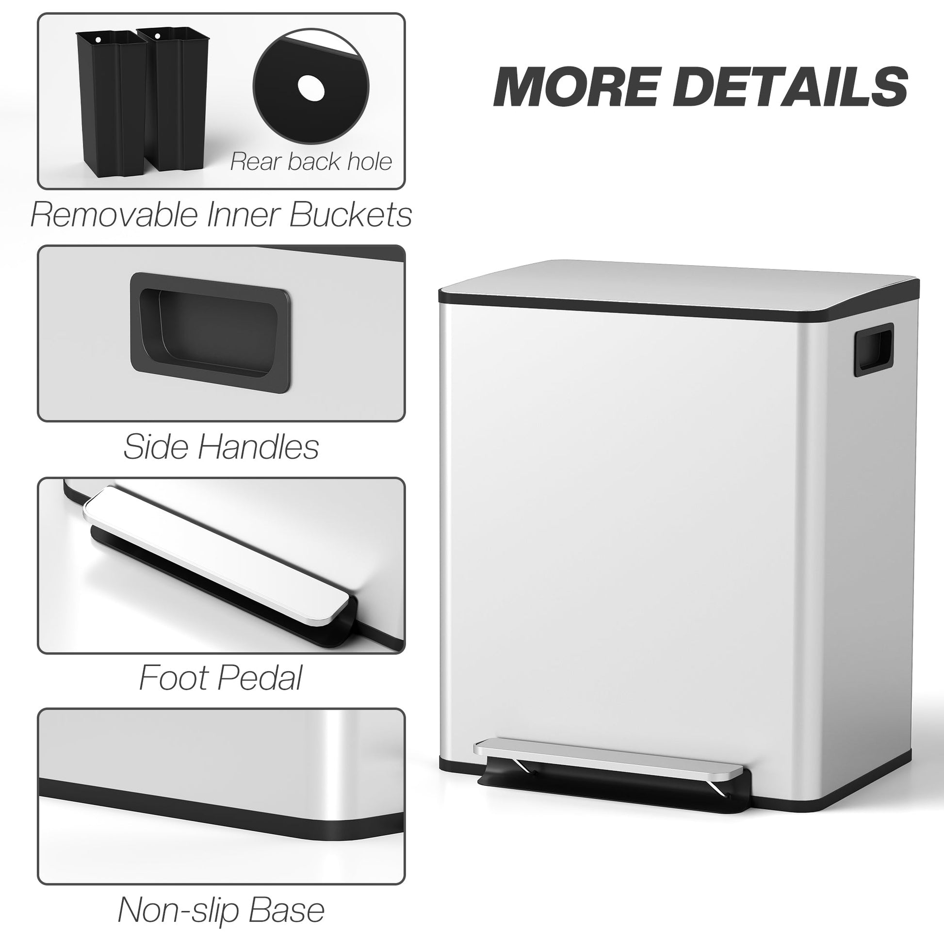 Dual Kitchen Bin, 2 x 25L Stainless Steel Double Pedal Bin with Soft-Close Lid, Removable Inner Buckets and Handles for Recycling and Waste, Silver