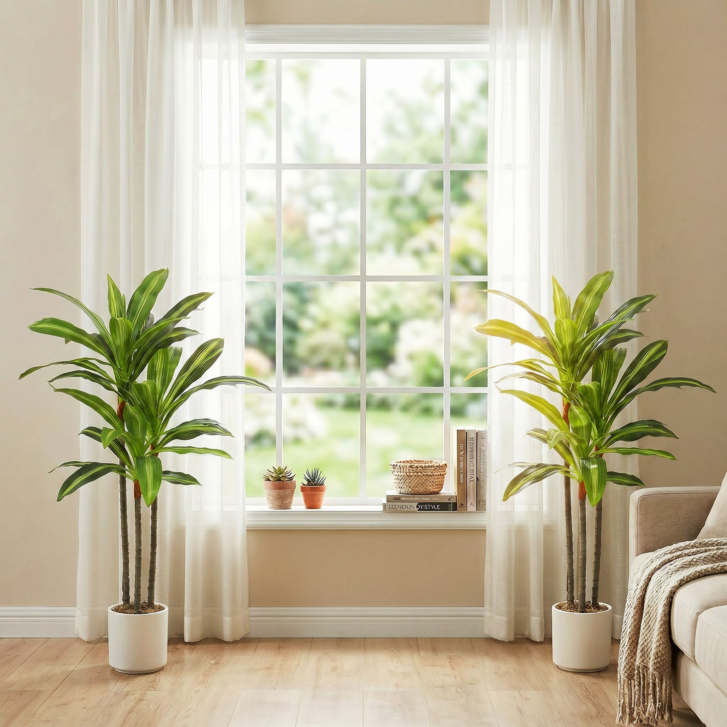Set of 2 90cm Artificial Dracaena Trees, Decorative Artificial Plants with Bendable Trunks and White Planters for Living Room Bedroom Home Office Decor, Green