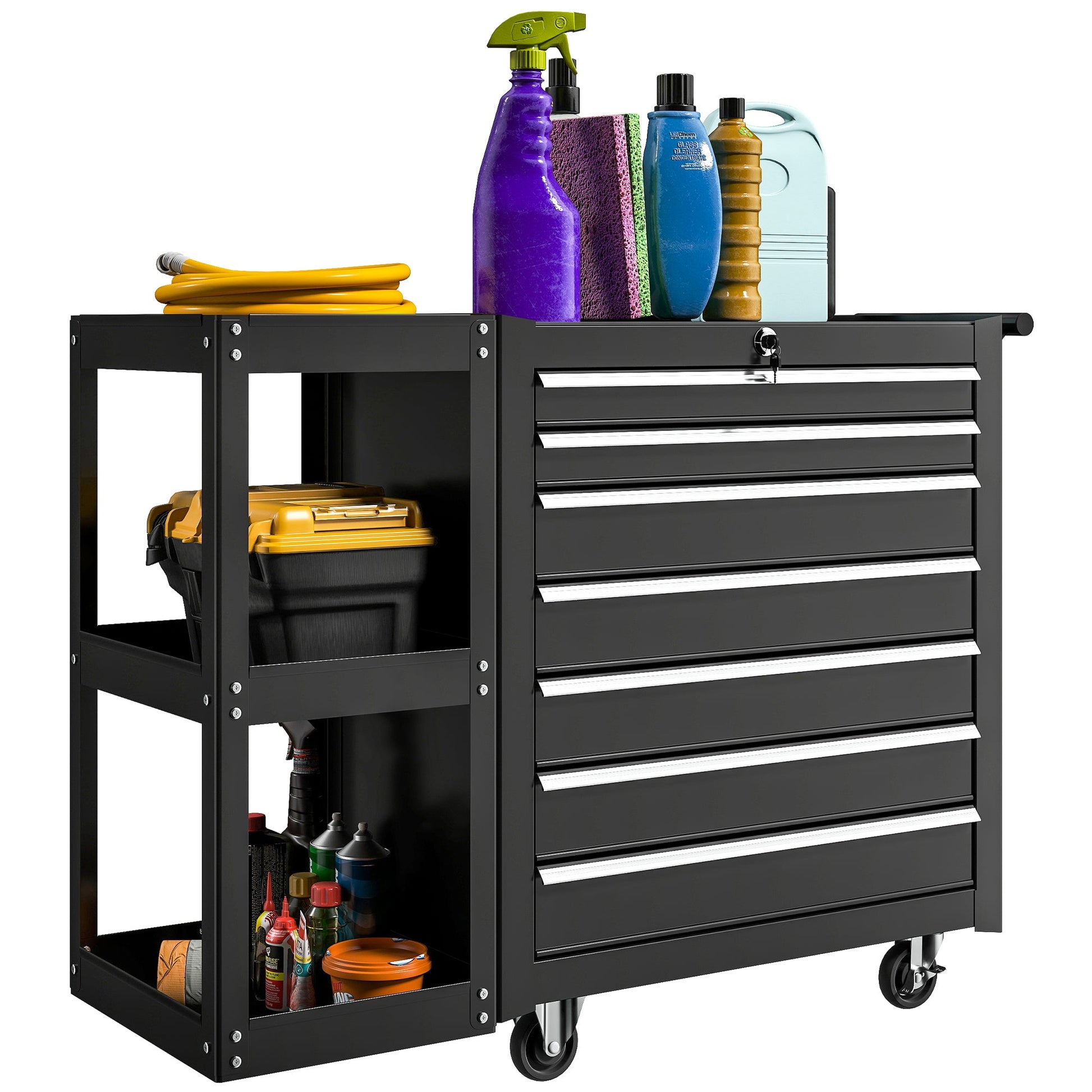7 Drawer Tool Box, Lockable Steel Tool Chest on Wheels, Rolling Tool Cabinet with 7 Drawers and Handle for Workshop, Garage, Black