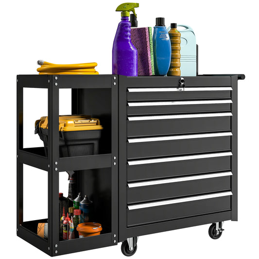 7 Drawer Tool Box, Lockable Steel Tool Chest on Wheels, Rolling Tool Cabinet with 7 Drawers and Handle for Workshop, Garage, Black