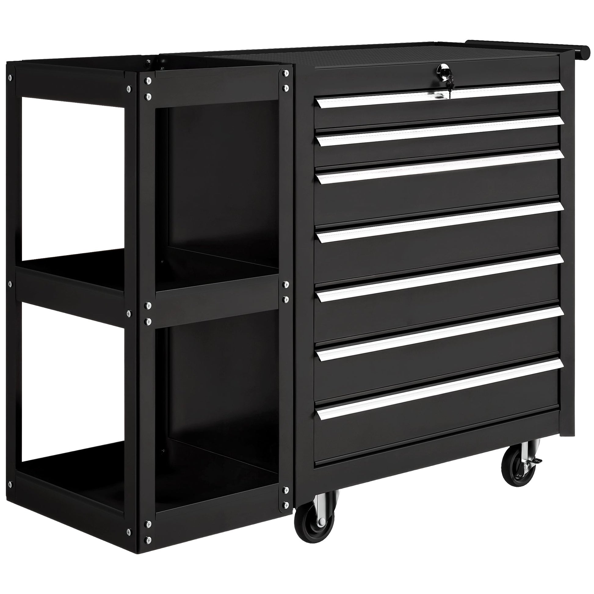 7 Drawer Tool Box, Lockable Steel Tool Chest on Wheels, Rolling Tool Cabinet with 7 Drawers and Handle for Workshop, Garage, Black