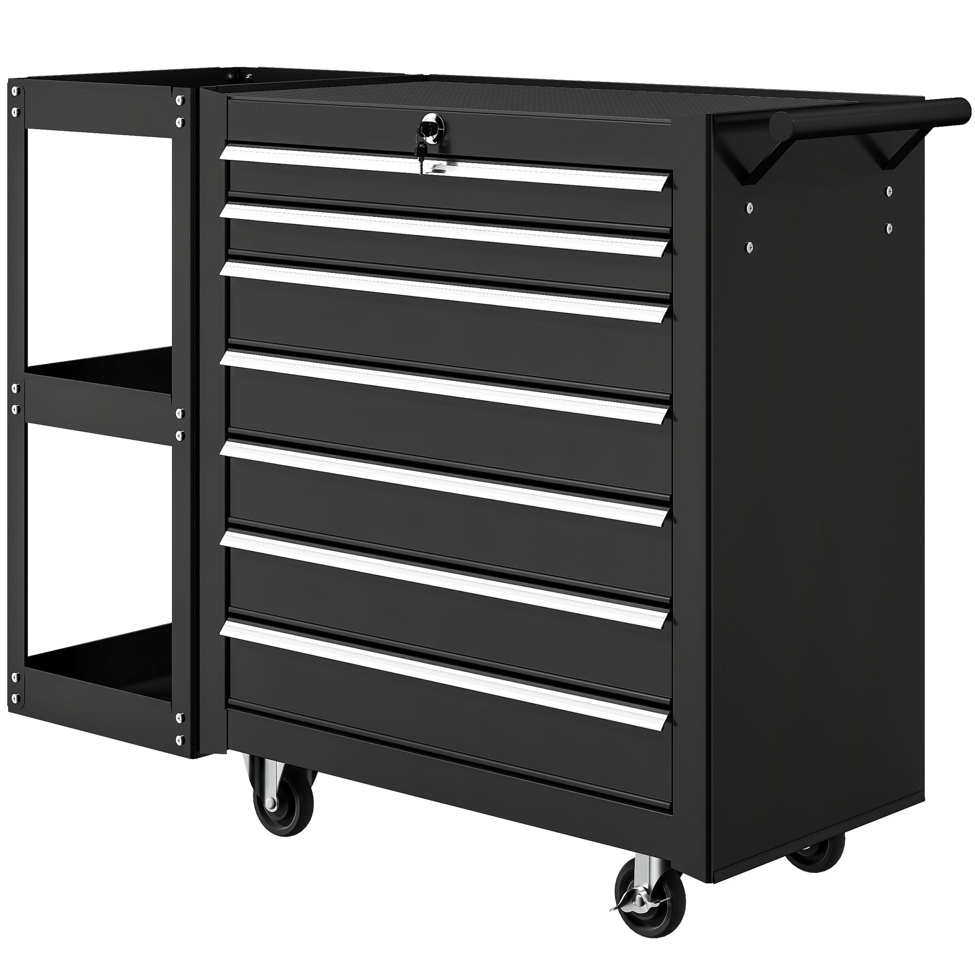 7 Drawer Tool Box, Lockable Steel Tool Chest on Wheels, Rolling Tool Cabinet with 7 Drawers and Handle for Workshop, Garage, Black