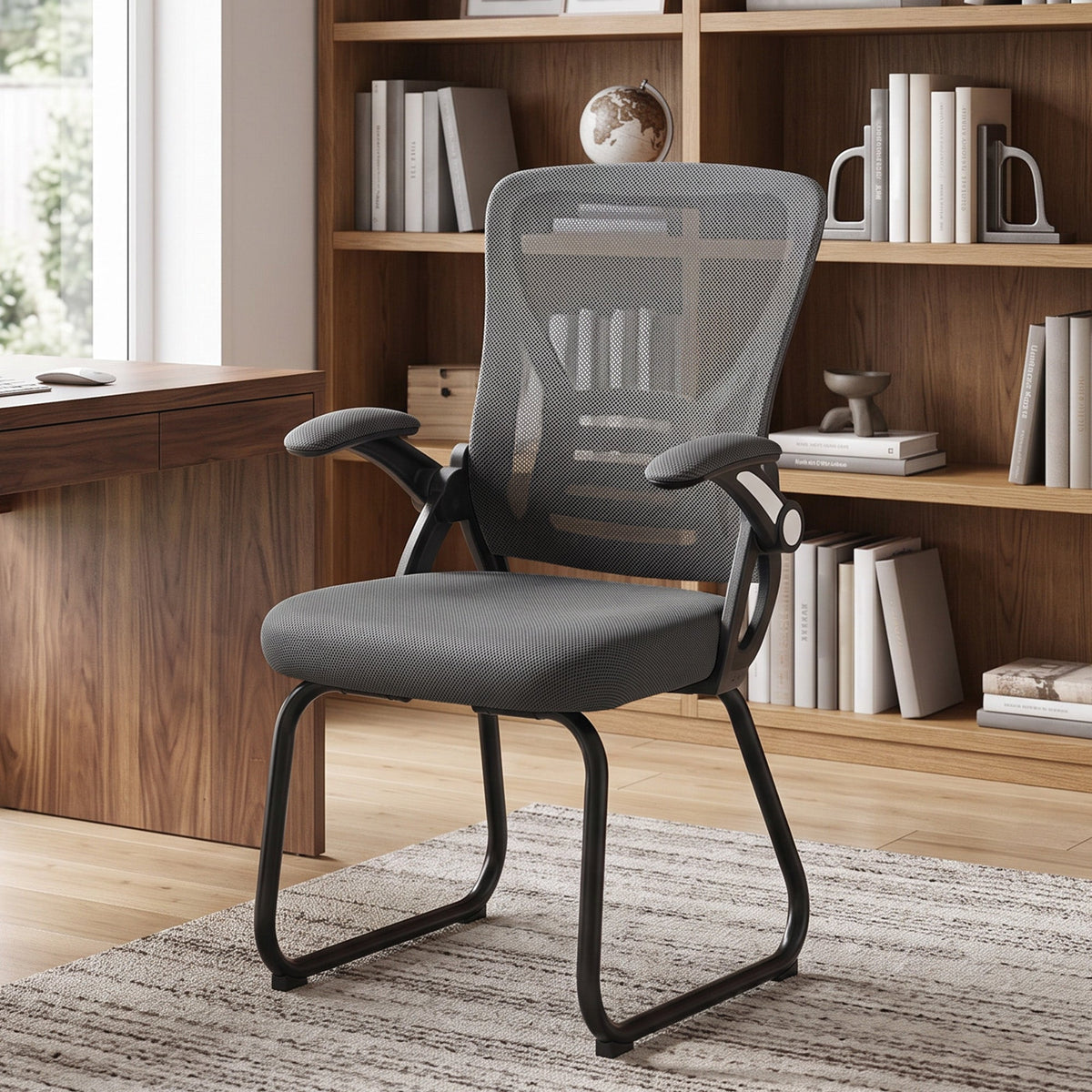 Desk Chair No Wheels with Flip-up Armrests, Mesh Office Chair with Steel Legs for Home Conference Room, Bedroom, Waiting, Reception, Dark Grey