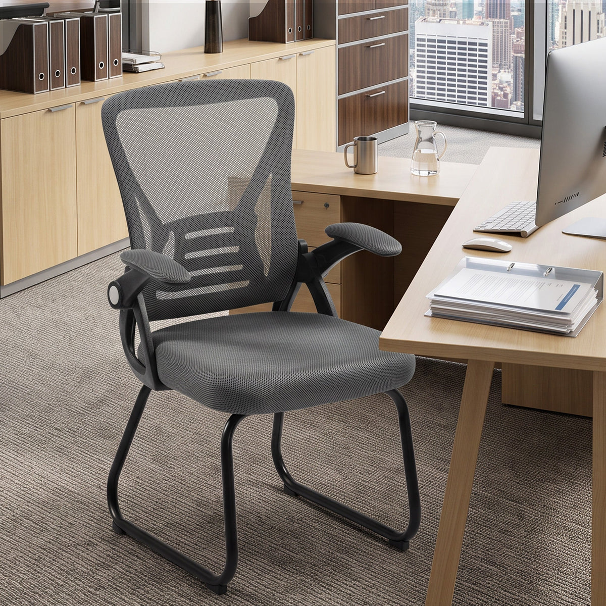 Desk Chair No Wheels with Flip-up Armrests, Mesh Office Chair with Steel Legs for Home Conference Room, Bedroom, Waiting, Reception, Dark Grey