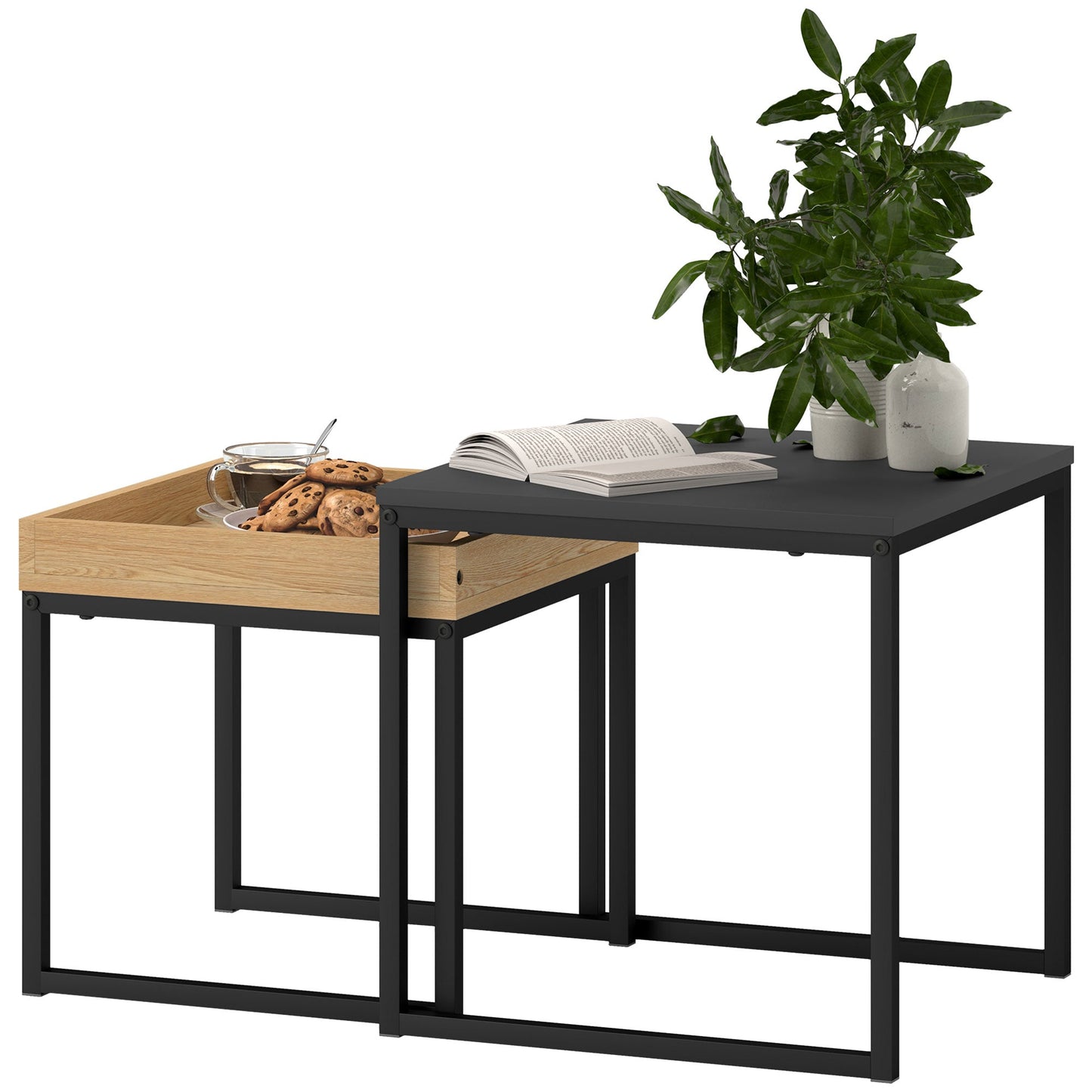 HOMCOM Nesting Coffee Table Set of 2, Modern Nest of Tables, Square Sofa Side Tables with Steel Frame for Living Room, Bedroom, Small Space, Black