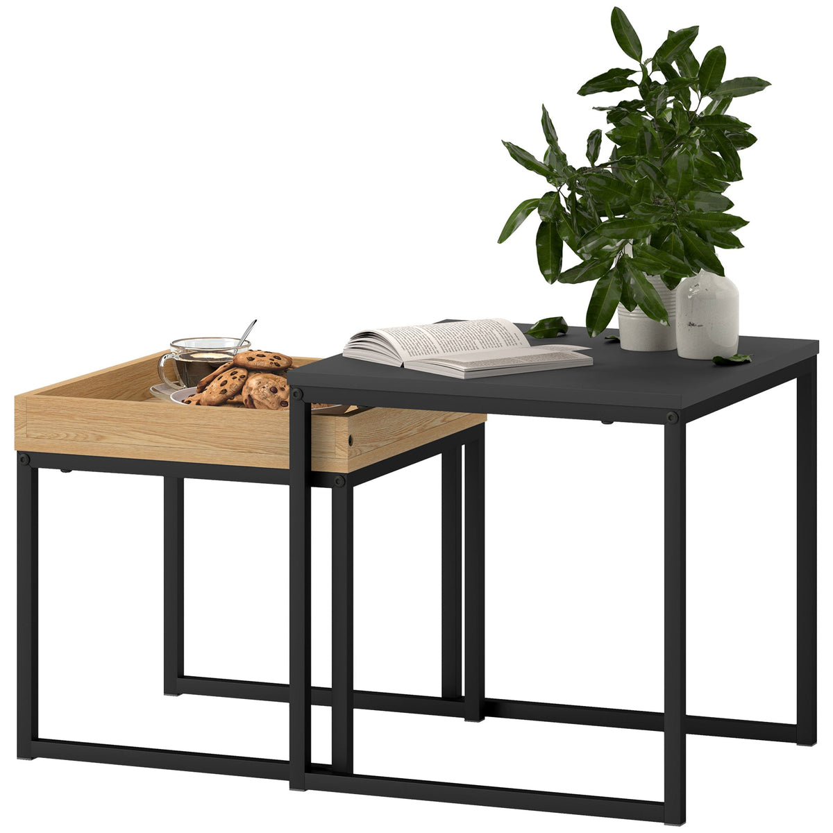HOMCOM Nesting Coffee Table Set of 2, Modern Nest of Tables, Square Sofa Side Tables with Steel Frame for Living Room, Bedroom, Small Space, Black