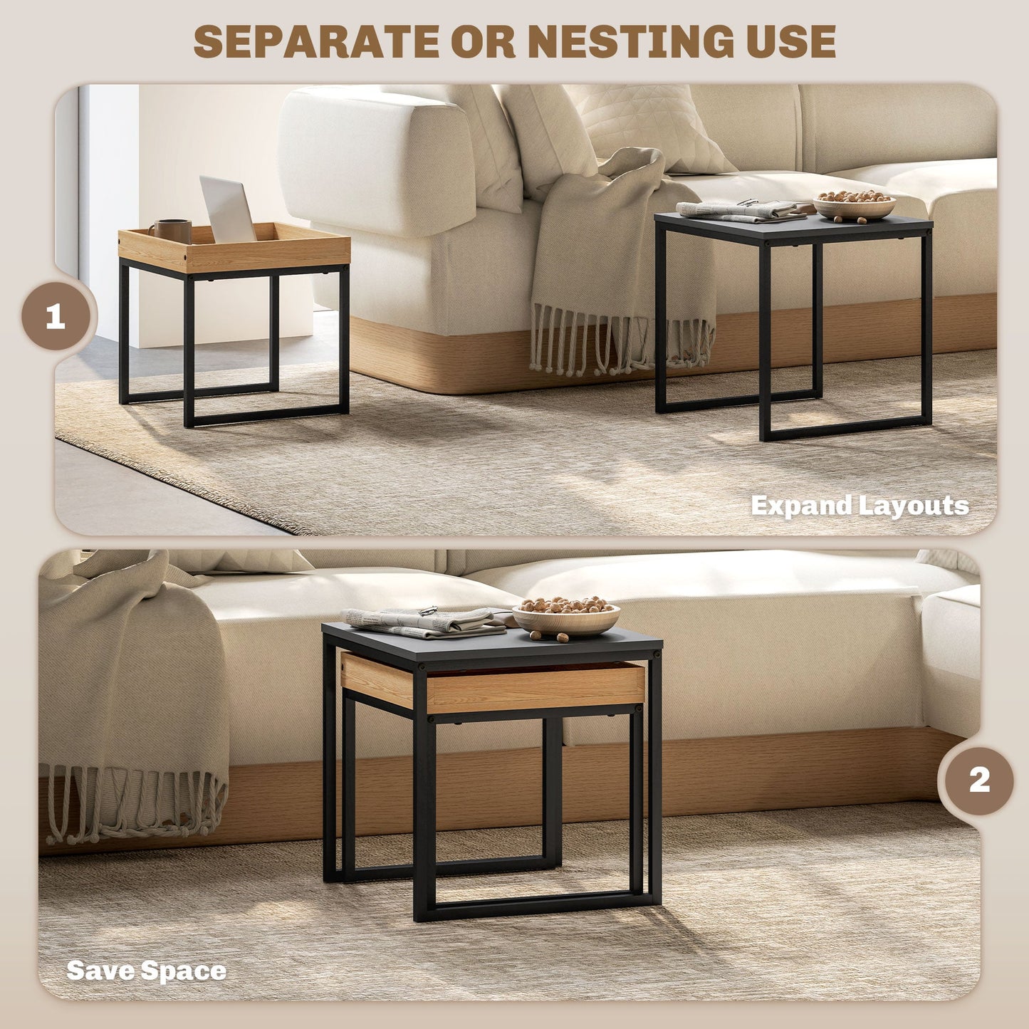 HOMCOM Nesting Coffee Table Set of 2, Modern Nest of Tables, Square Sofa Side Tables with Steel Frame for Living Room, Bedroom, Small Space, Black