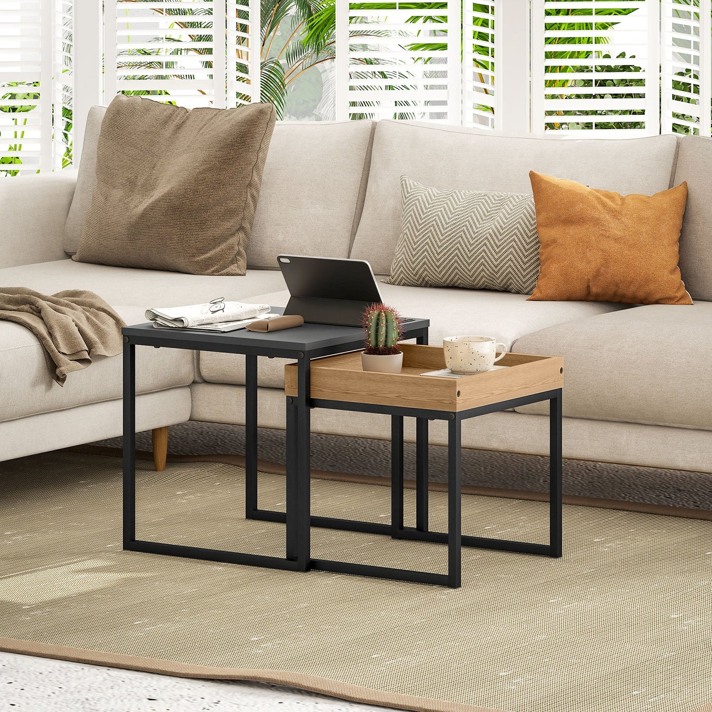 HOMCOM Nesting Coffee Table Set of 2, Modern Nest of Tables, Square Sofa Side Tables with Steel Frame for Living Room, Bedroom, Small Space, Black