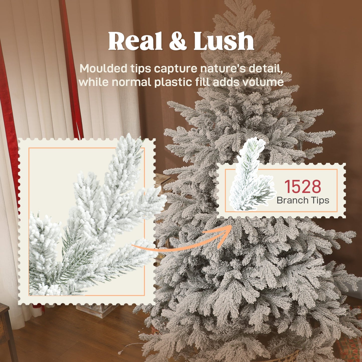 6ft Snow Flocked Christmas Tree with Realistic Tips, Hinged Xmas Tree with Wide Shape, Foldable Metal Stand, Easy Assembly, for Home Decor