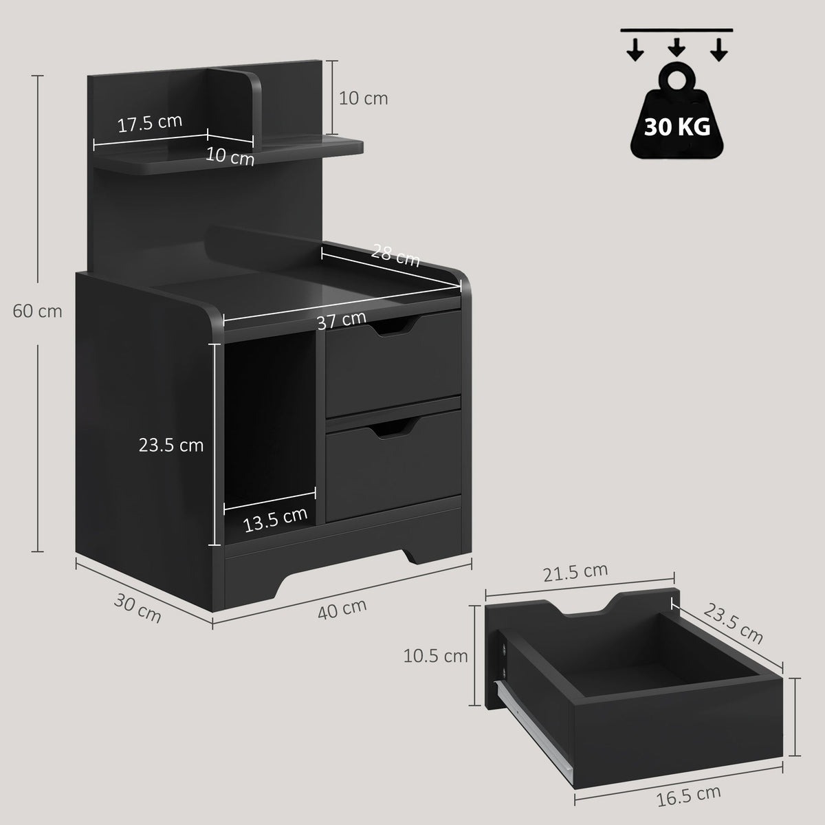 Bedside Table, Small Bedside Cabinet with 2 Drawers and Storage Shelves, Modern Nightstand for Bedroom, Black Wood Effect