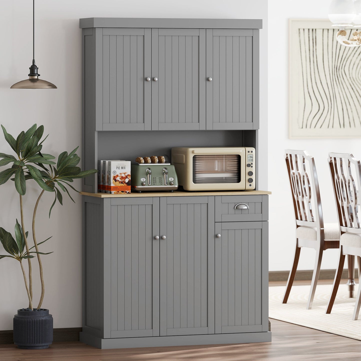 180cm Kitchen Cupboard with 6 Doors, Modern Kitchen Storage Cabinet with Microwave Oven Countertop, Drawer, Adjustable Shelves and Cable Hole, Grey