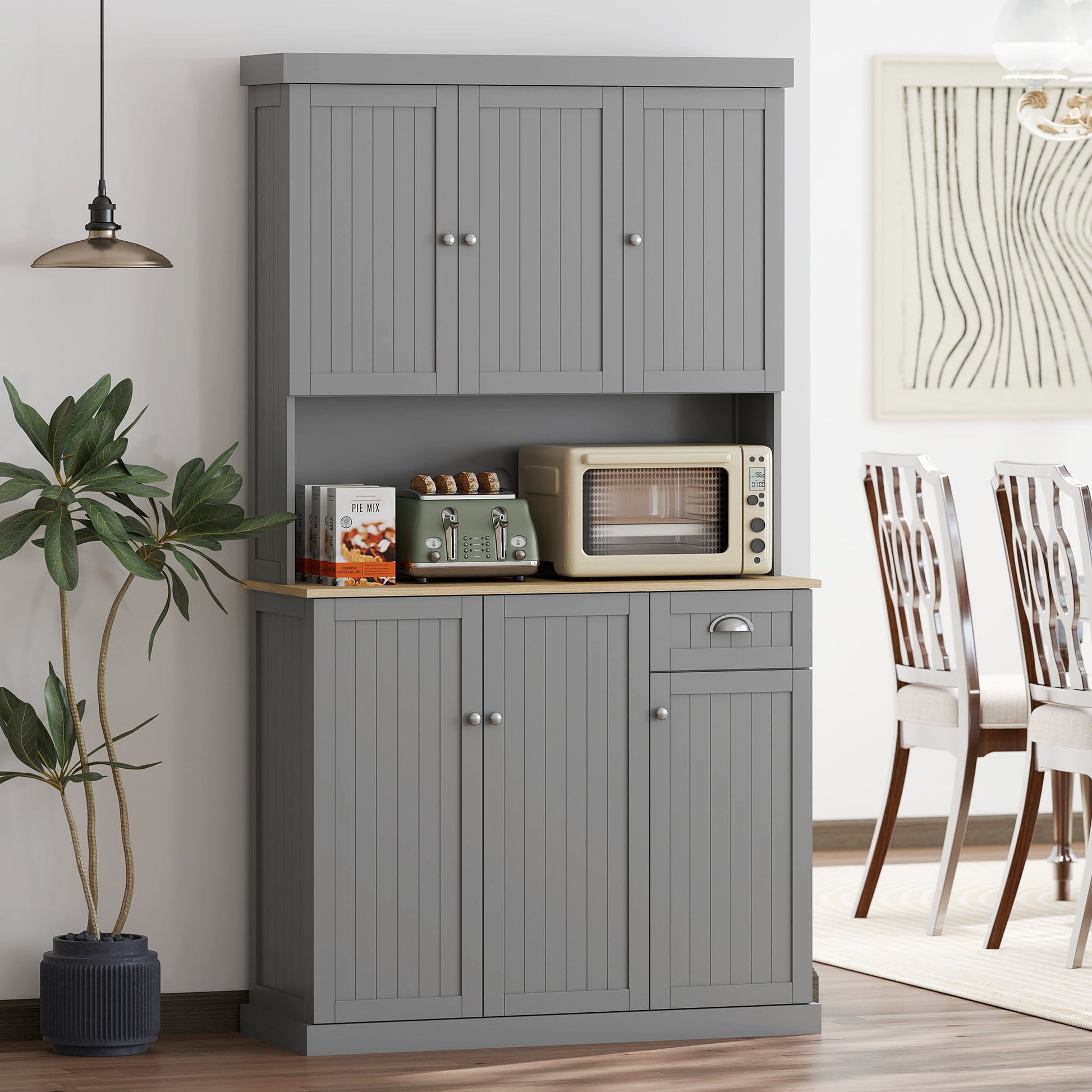 180cm Kitchen Cupboard with 6 Doors, Modern Kitchen Storage Cabinet with Microwave Oven Countertop, Drawer, Adjustable Shelves and Cable Hole, Grey