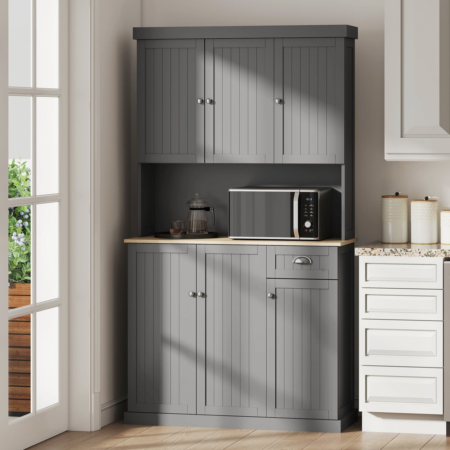 180cm Kitchen Cupboard with 6 Doors, Modern Kitchen Storage Cabinet with Microwave Oven Countertop, Drawer, Adjustable Shelves and Cable Hole, Grey