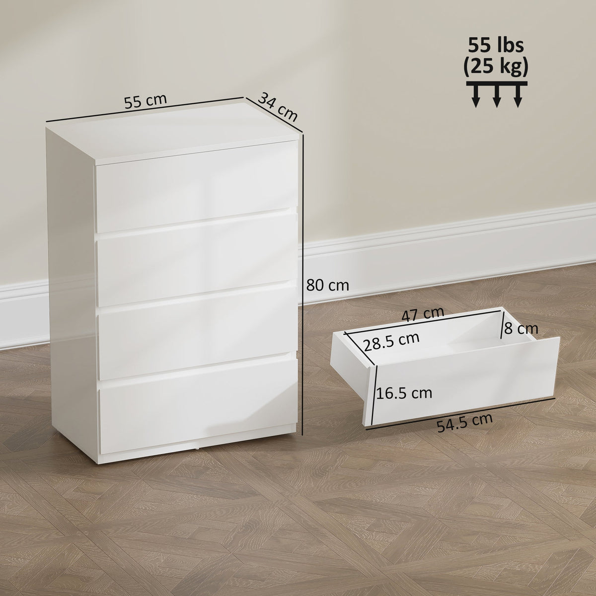 Chest of Drawers, Modern 4 Drawer Dresser with Soft Closing Mechanism for Bedroom, High Gloss White