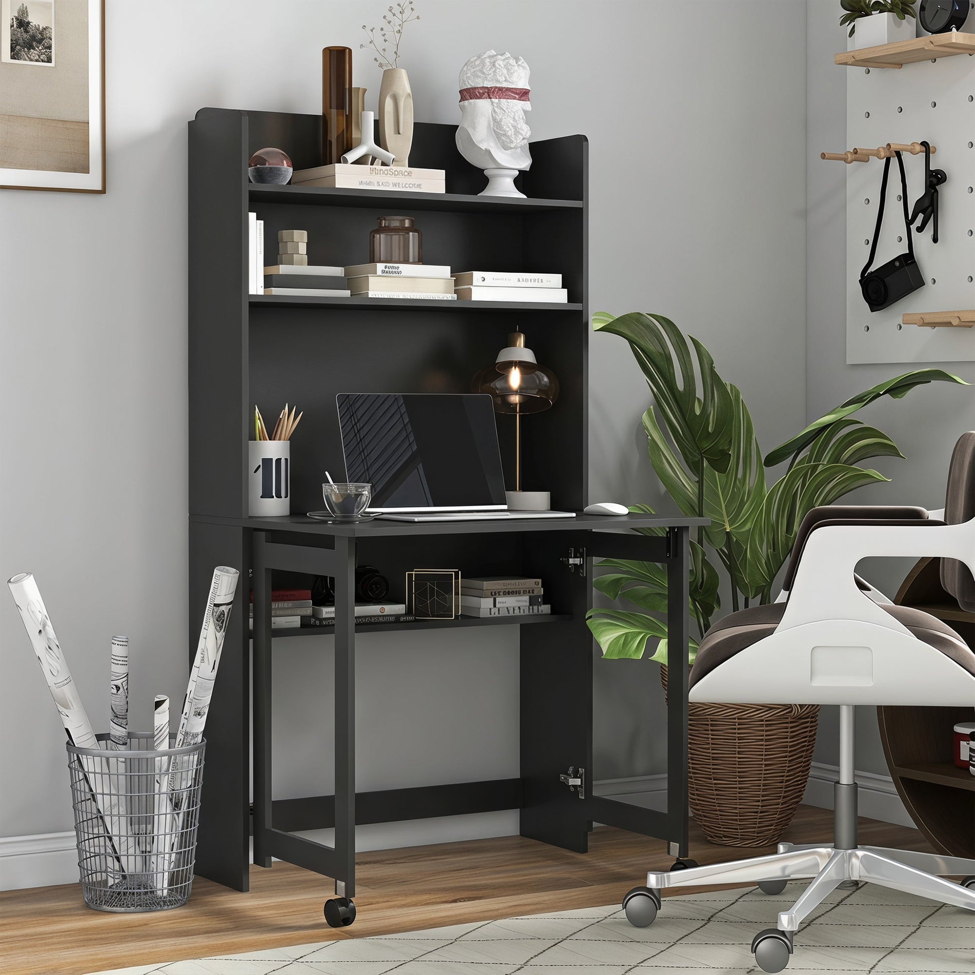 Computer Desk with Storage Shelves, Foldable Desktop with 2 Wheels, Study Table Workstation for Bedroom, Living Room and Home Office, 80 x 69 x 155 cm, Black