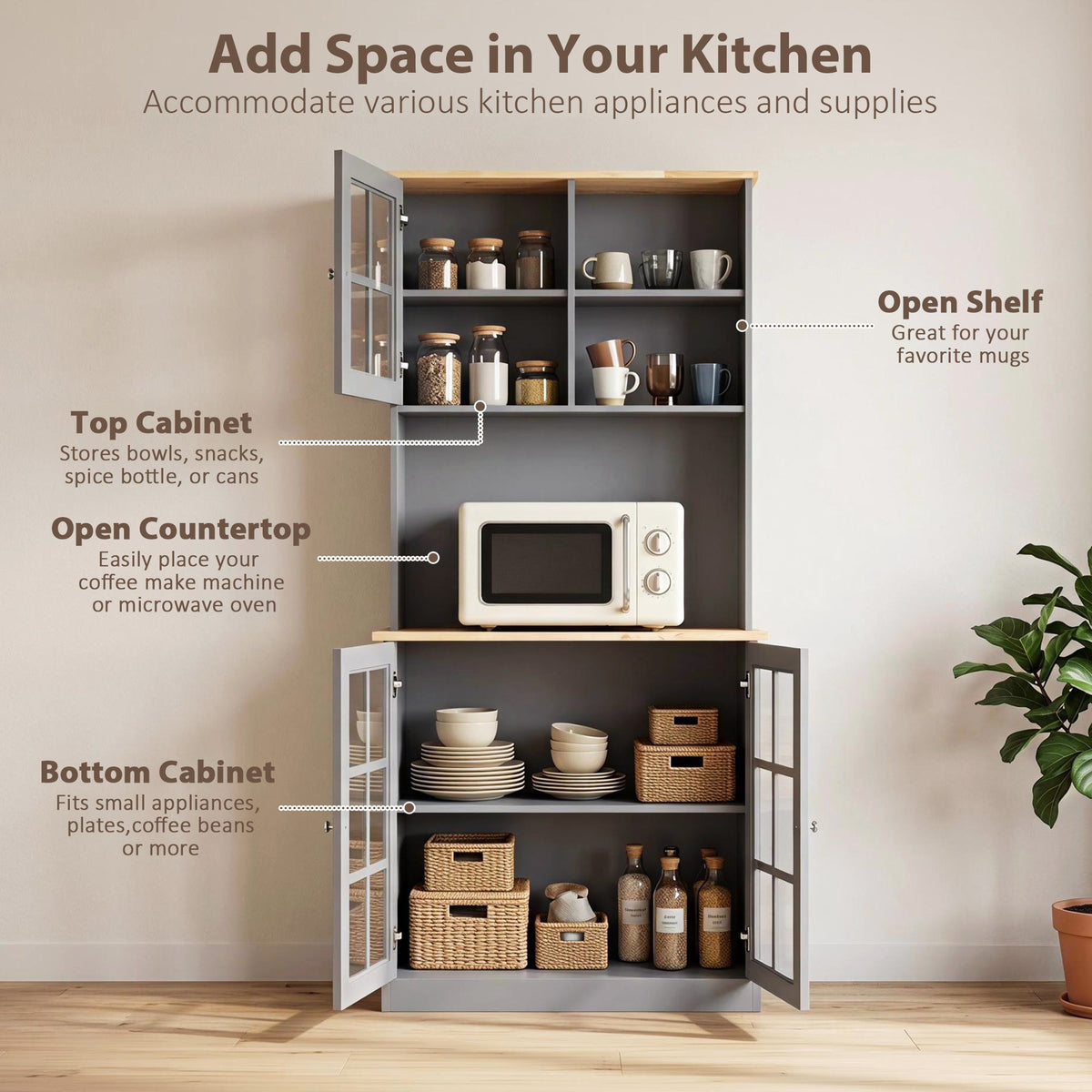 Kitchen Pantry, Buffet Hutch with 3 Storage Cabinets, 2 Open Shelves and Large Countertop for Kitchen, Living Room and Entryway, Grey