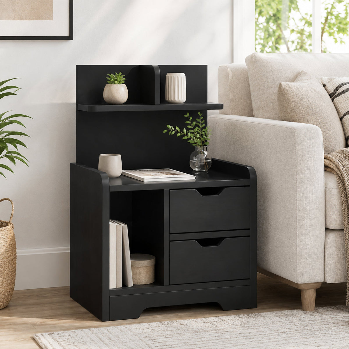 Bedside Table, Small Bedside Cabinet with 2 Drawers and Storage Shelves, Modern Nightstand for Bedroom, Black Wood Effect