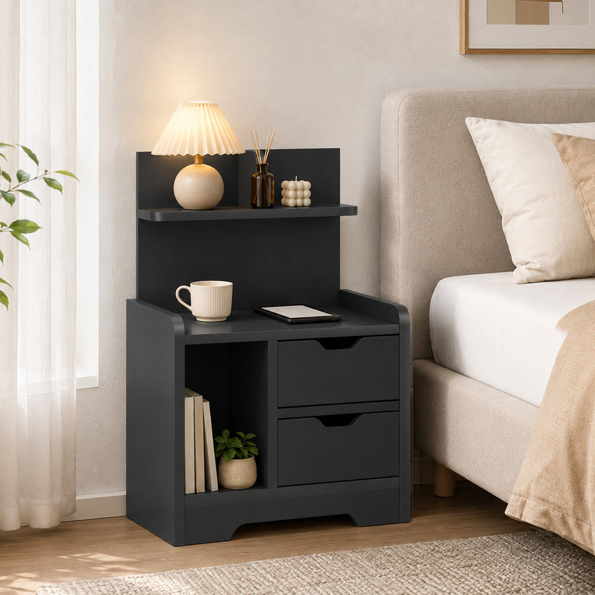 Bedside Table, Small Bedside Cabinet with 2 Drawers and Storage Shelves, Modern Nightstand for Bedroom, Black Wood Effect