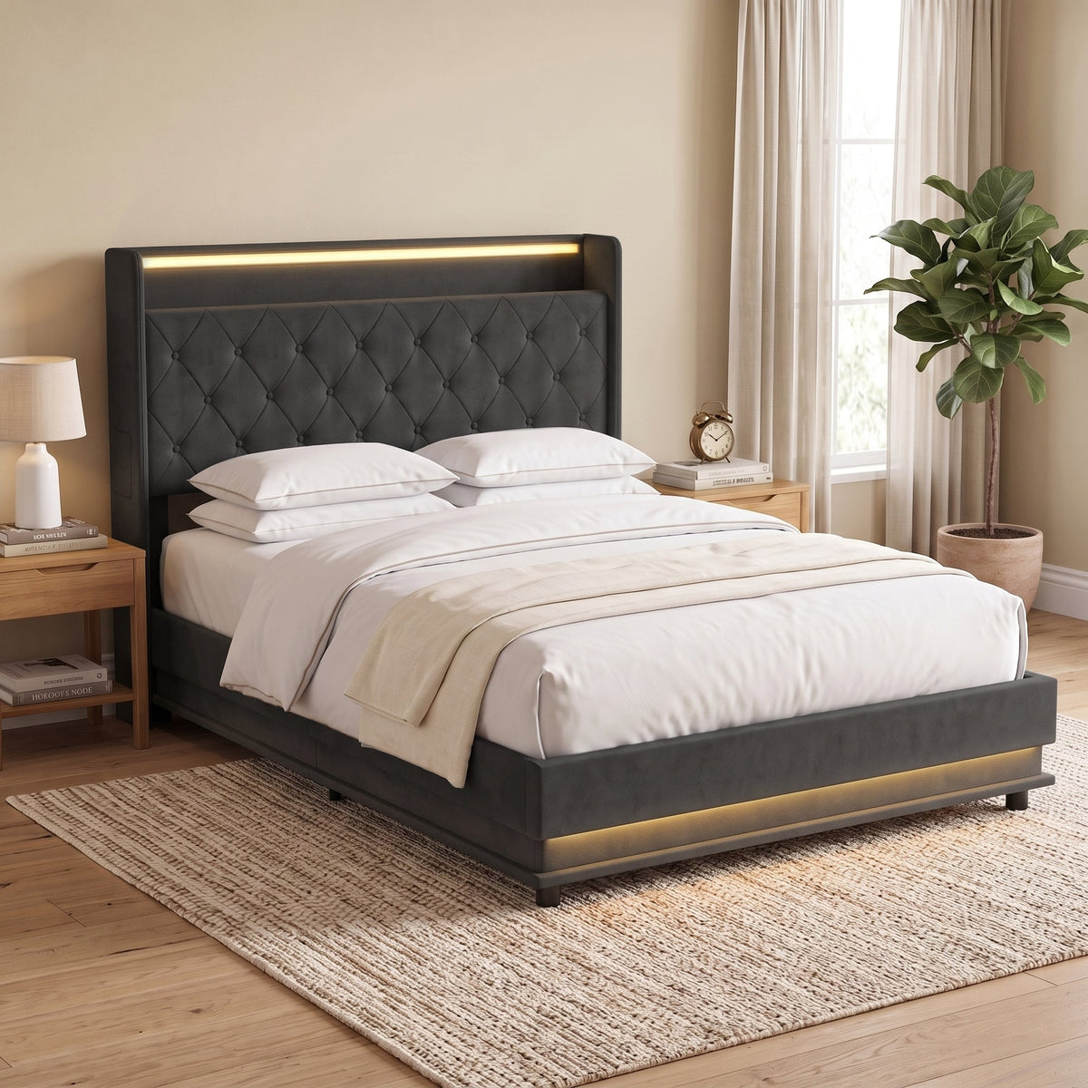 4ft6 Double Ottoman Bed Frame with Hydraulic Storage, APP Control LED Lights and Charging Station, Upholstered Lift Up Storage Bed Frame with Headboard, No Box Spring Needed, Black