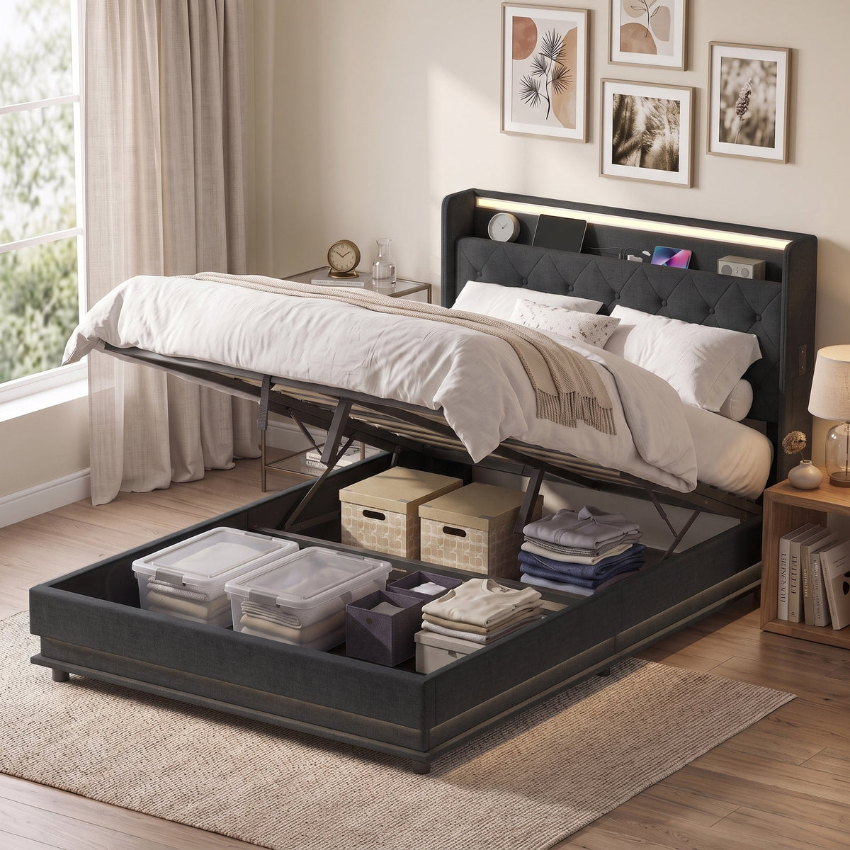 4ft6 Double Ottoman Bed Frame with Hydraulic Storage, APP Control LED Lights and Charging Station, Upholstered Lift Up Storage Bed Frame with Headboard, No Box Spring Needed, Black